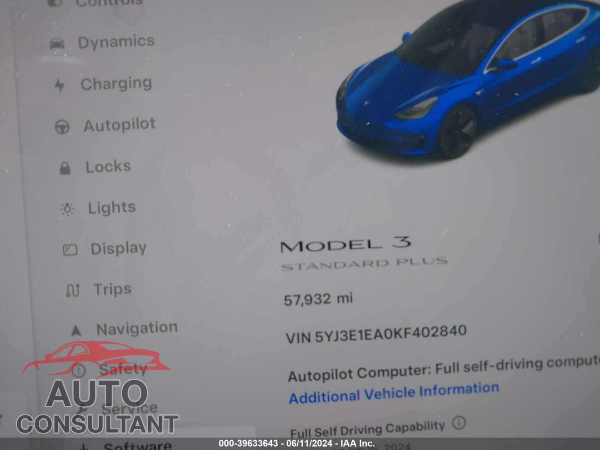 TESLA MODEL 3 2019 - 5YJ3E1EA0KF402840
