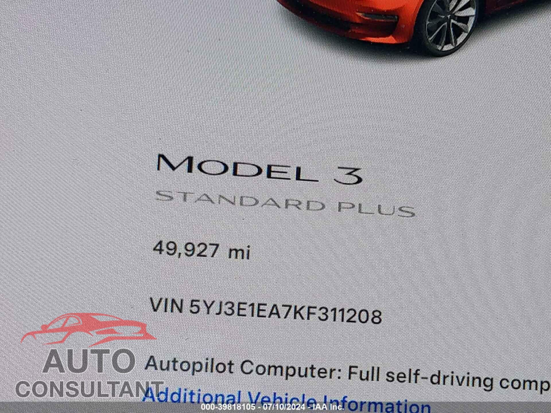 TESLA MODEL 3 2019 - 5YJ3E1EA7KF311208