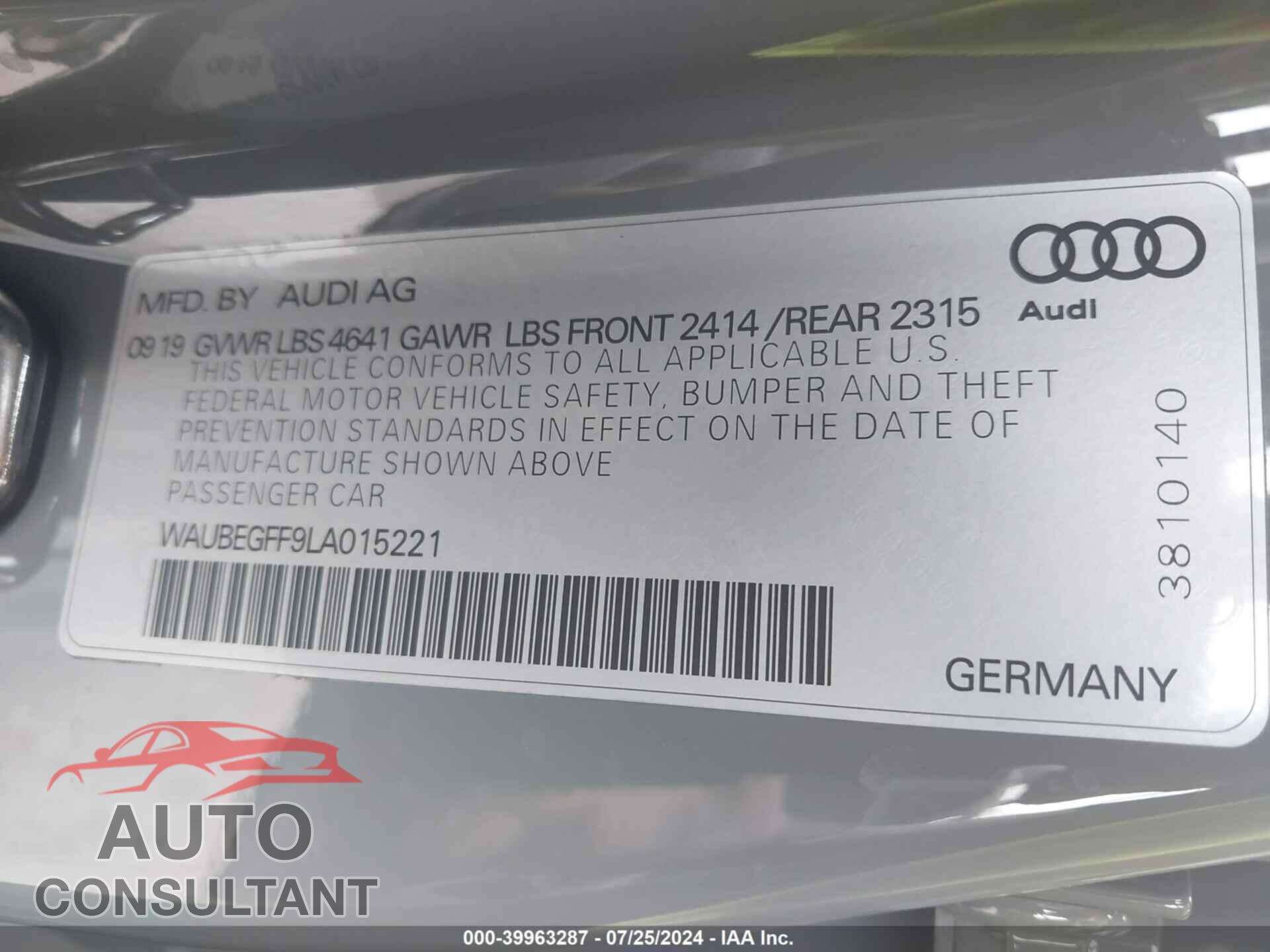 AUDI A3 2020 - WAUBEGFF9LA015221