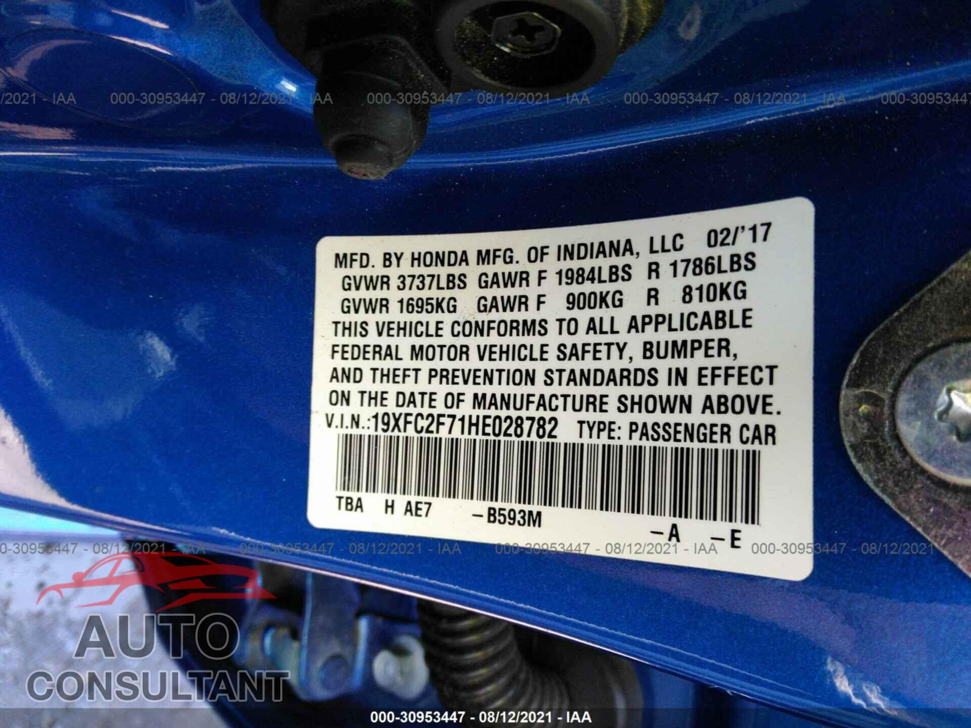 HONDA CIVIC SEDAN 2017 - 19XFC2F71HE028782