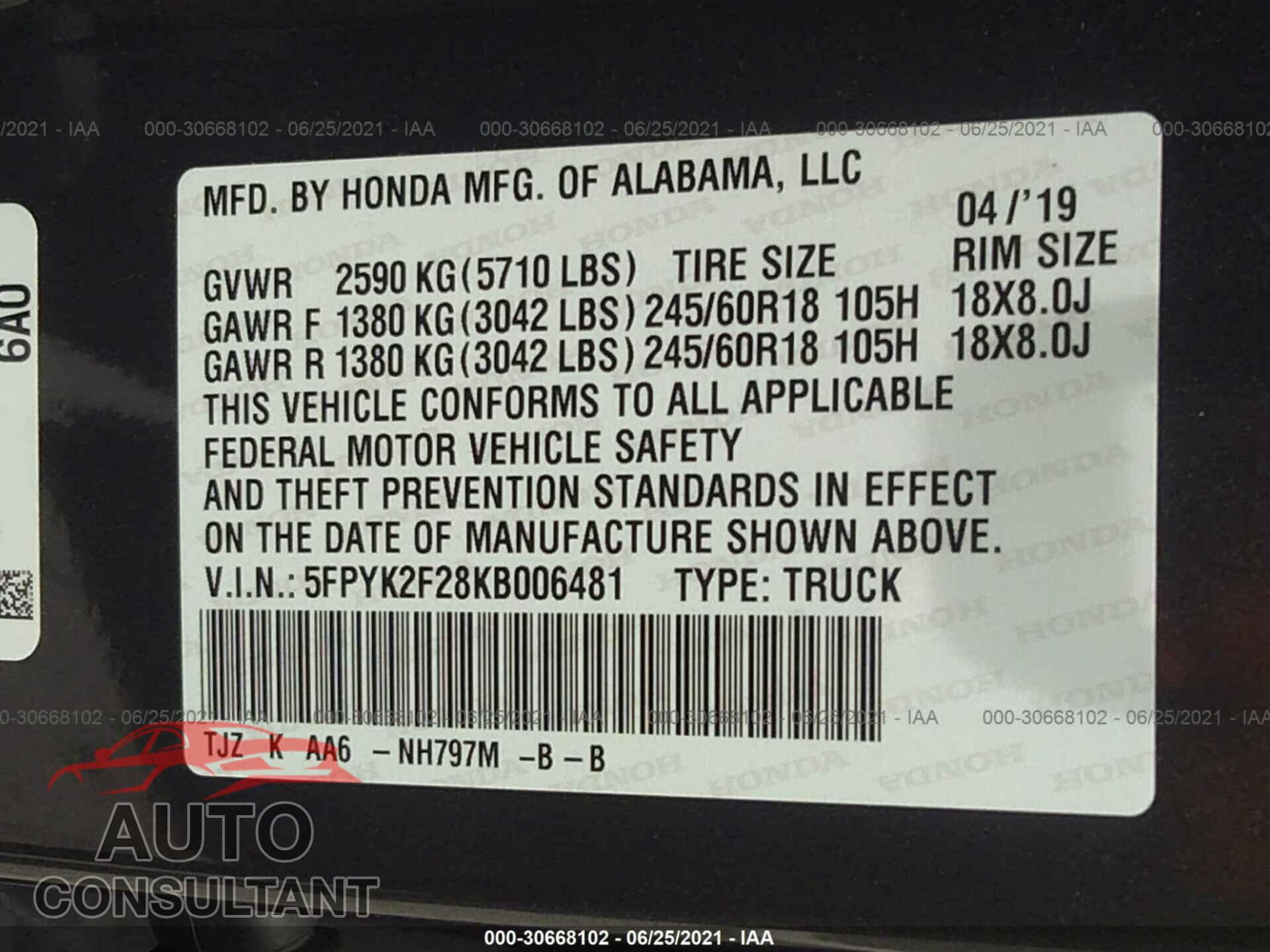 HONDA RIDGELINE 2019 - 1C4PJLDB0KD433998