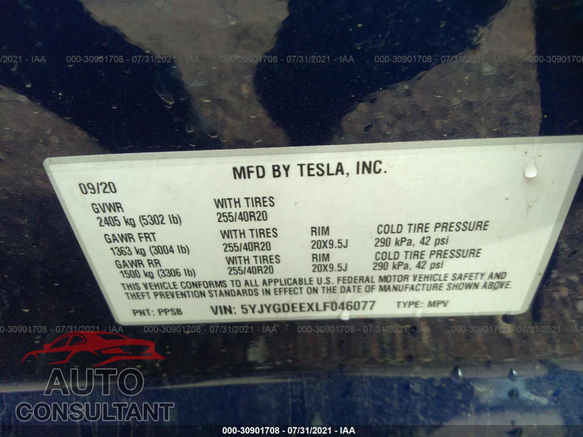 TESLA MODEL Y 2020 - 5YJYGDEEXLF046077