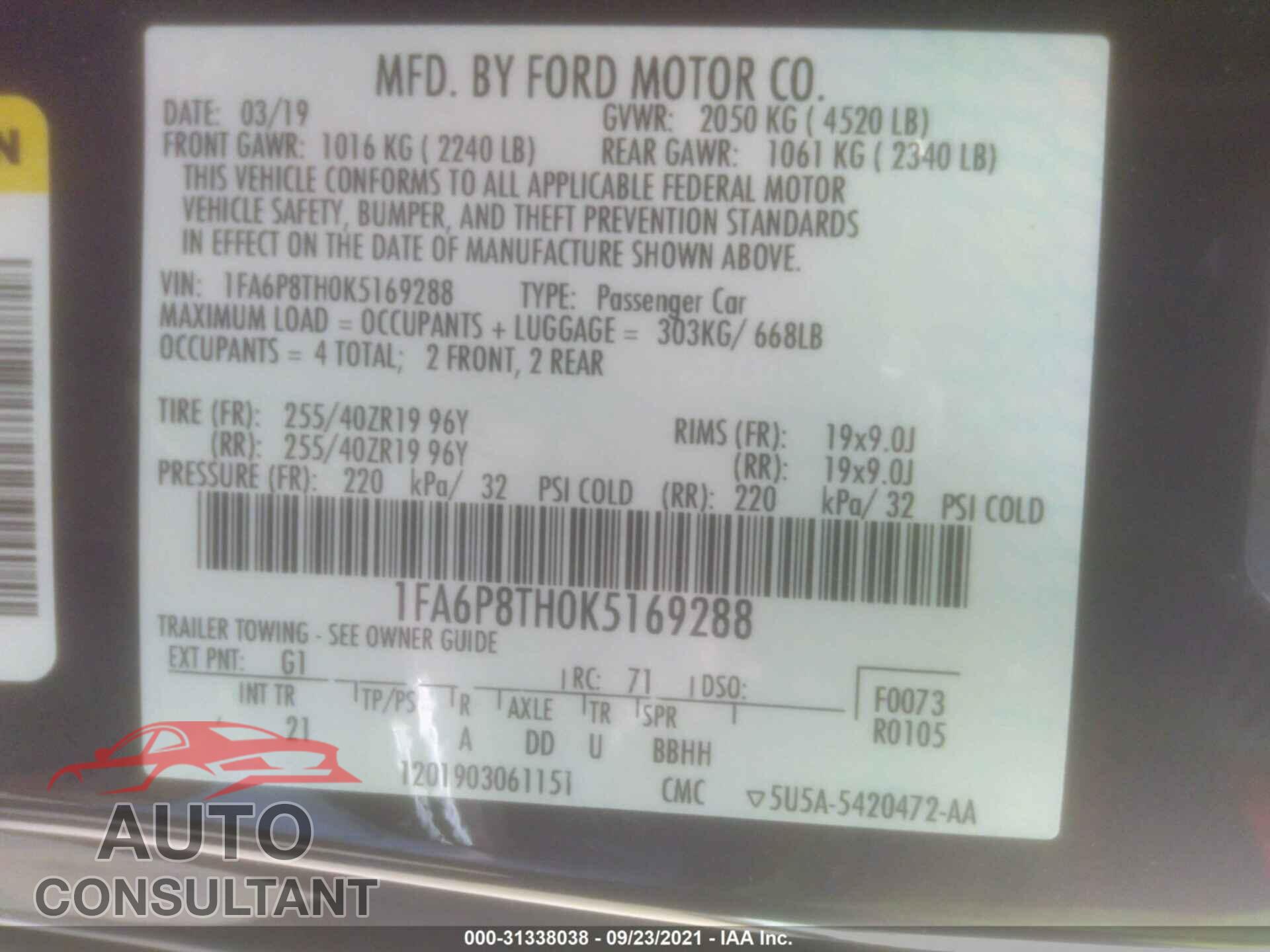 FORD MUSTANG 2019 - 1FA6P8TH0K5169288