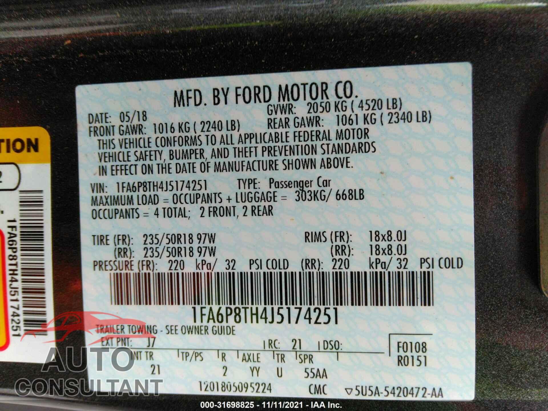 FORD MUSTANG 2018 - 1FA6P8TH4J5174251