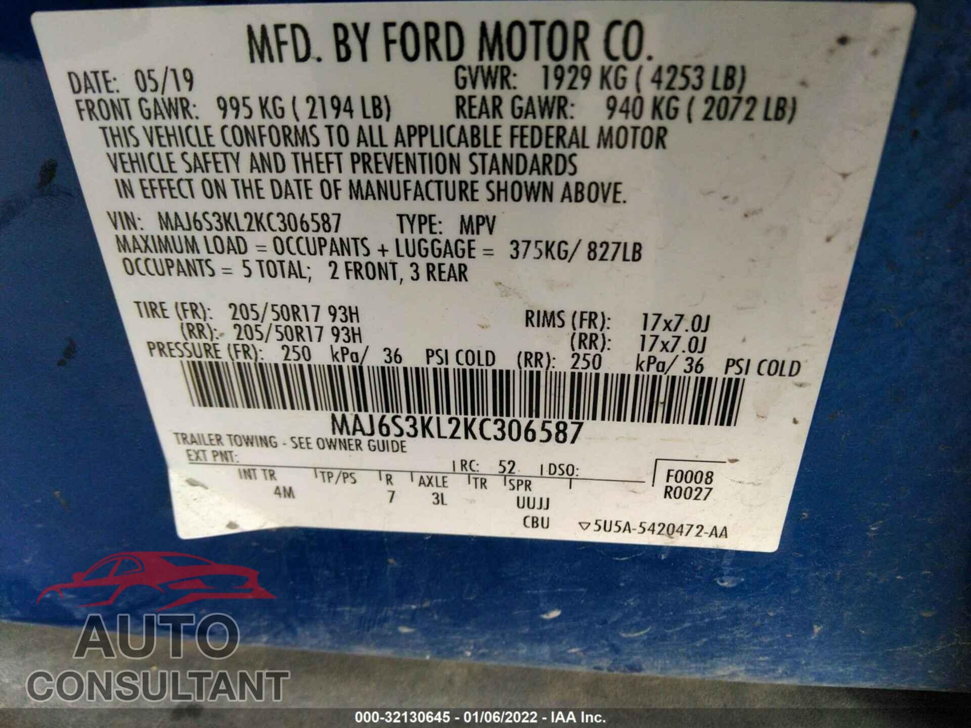 FORD ECOSPORT 2019 - MAJ6S3KL2KC306587