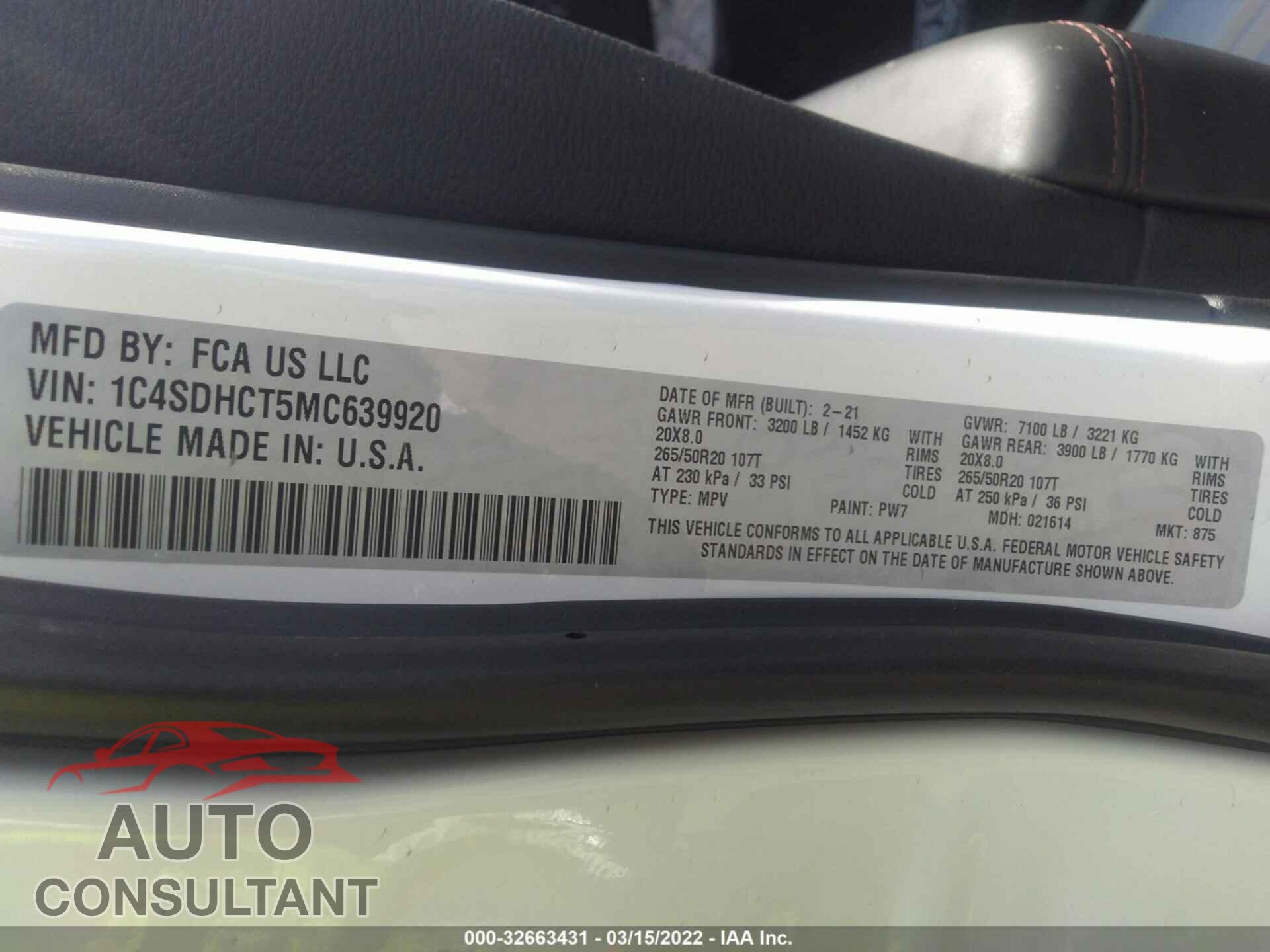 DODGE DURANGO 2021 - 1C4SDHCT5MC639920