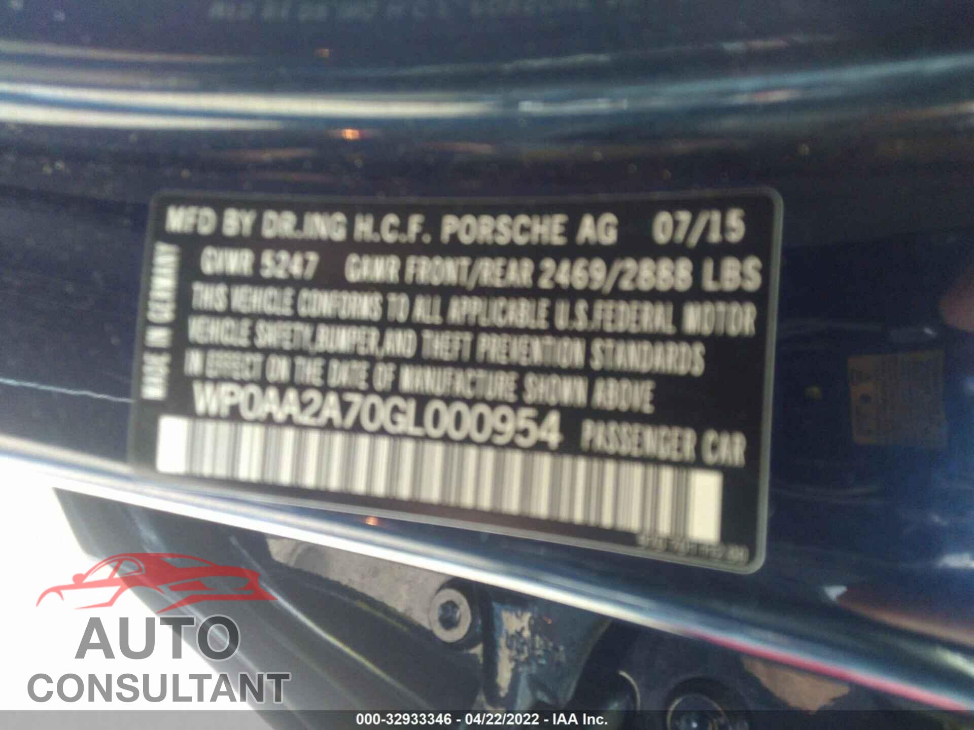 PORSCHE PANAMERA 2016 - WP0AA2A70GL000954