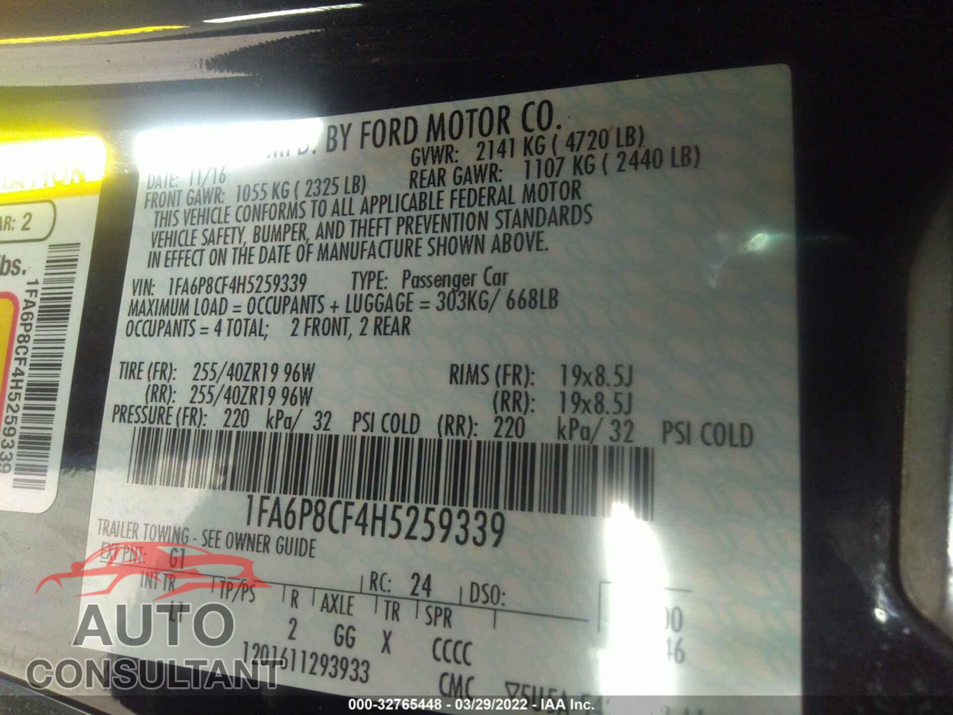 FORD MUSTANG 2017 - 1FA6P8CF4H5259339