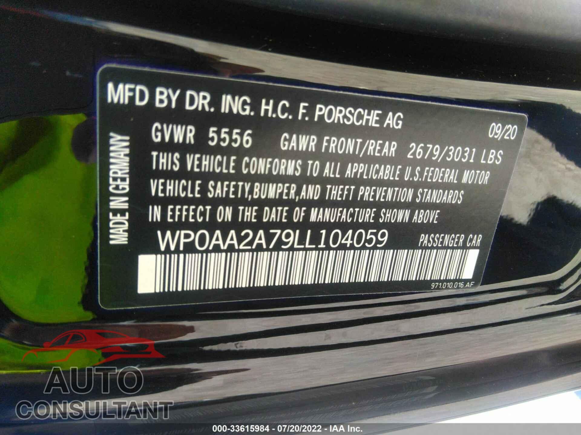 PORSCHE PANAMERA 2020 - WP0AA2A79LL104059