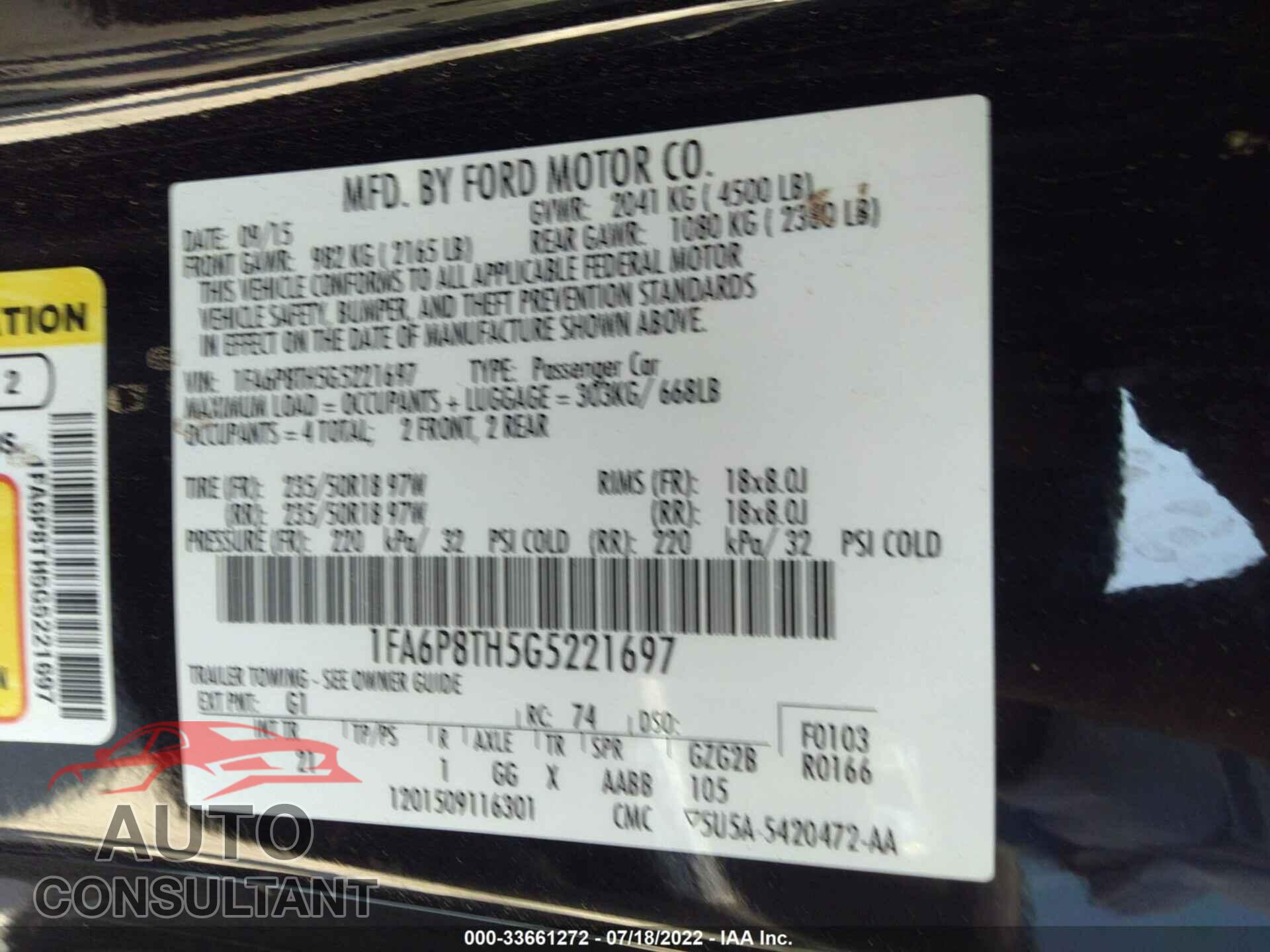 FORD MUSTANG 2016 - 1FA6P8TH5G5221697