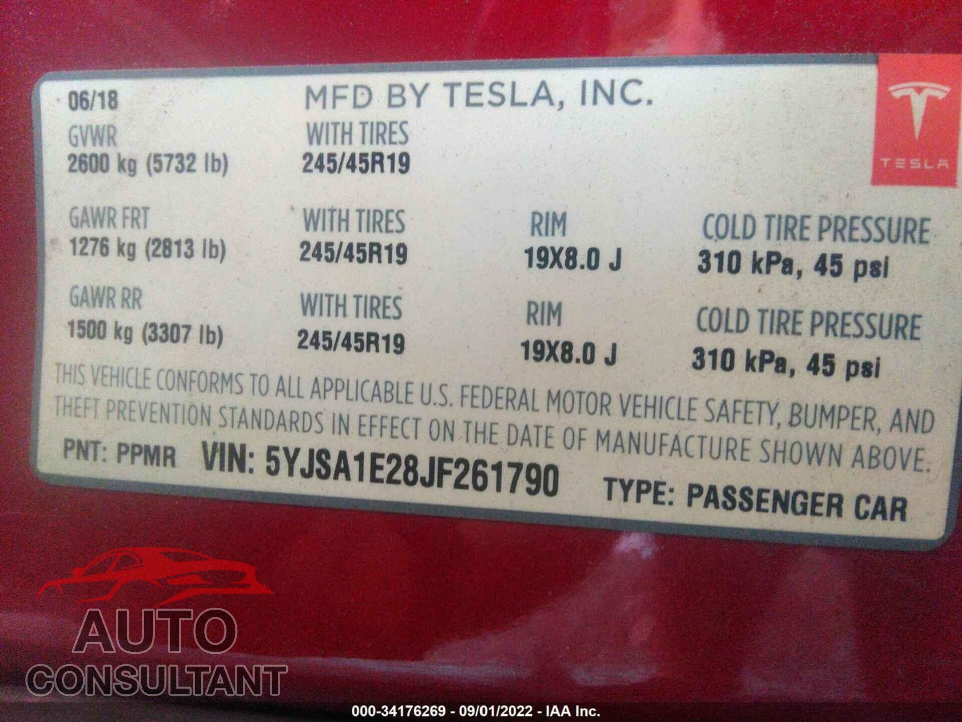 TESLA MODEL S 2018 - 5YJSA1E28JF261790