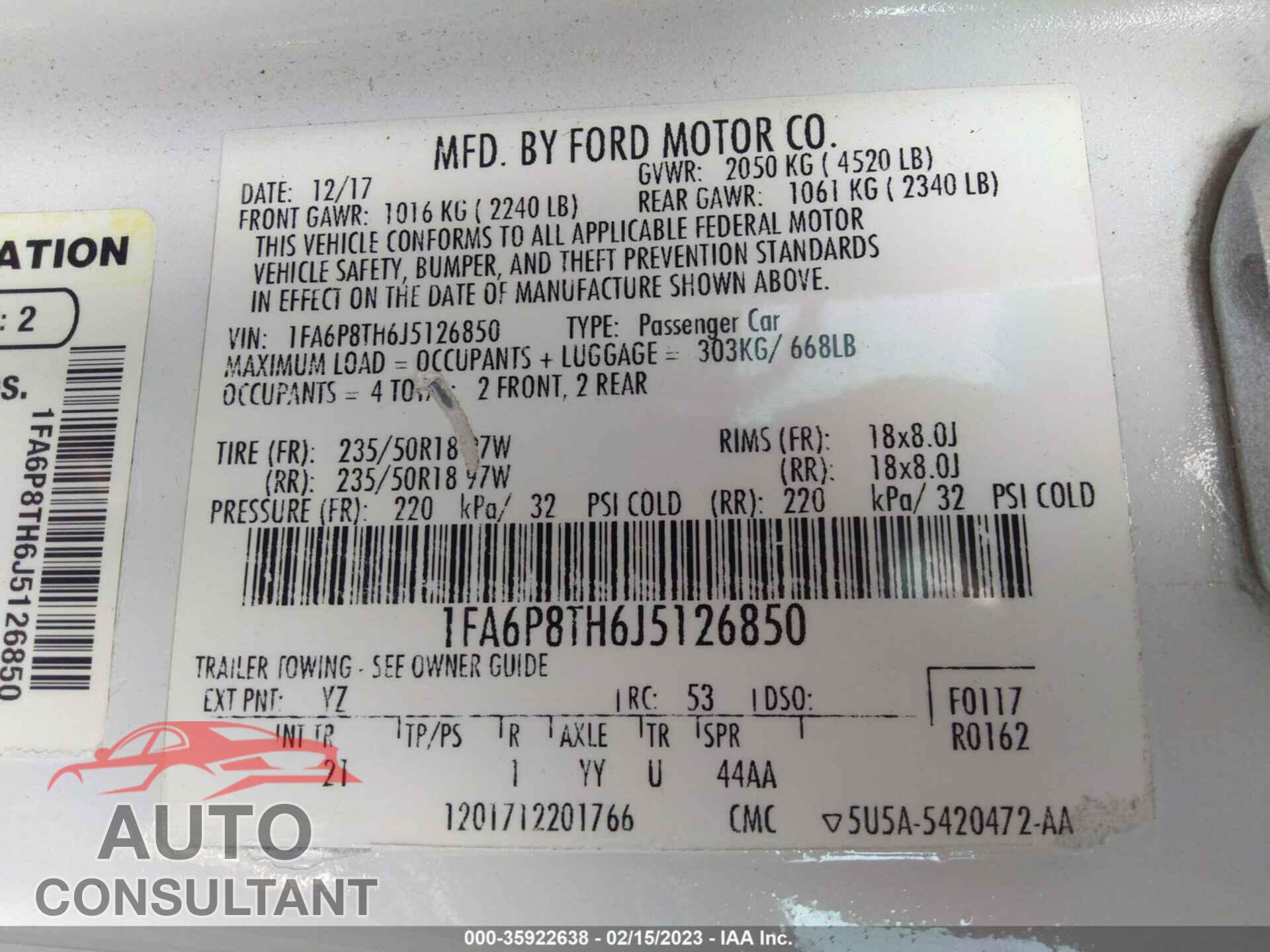 FORD MUSTANG 2018 - 1FA6P8TH6J5126850