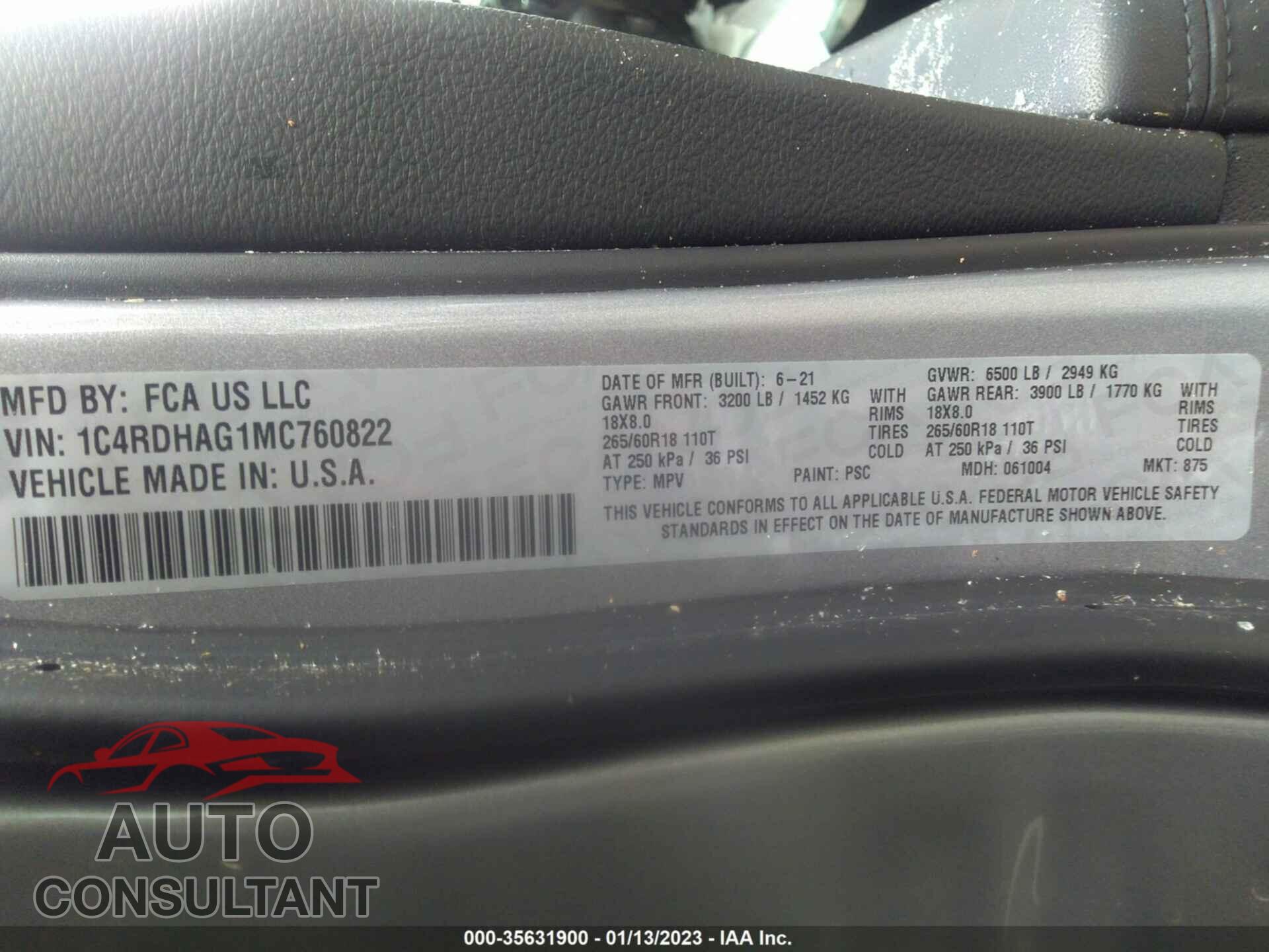 DODGE DURANGO 2021 - 1C4RDHAG1MC760822