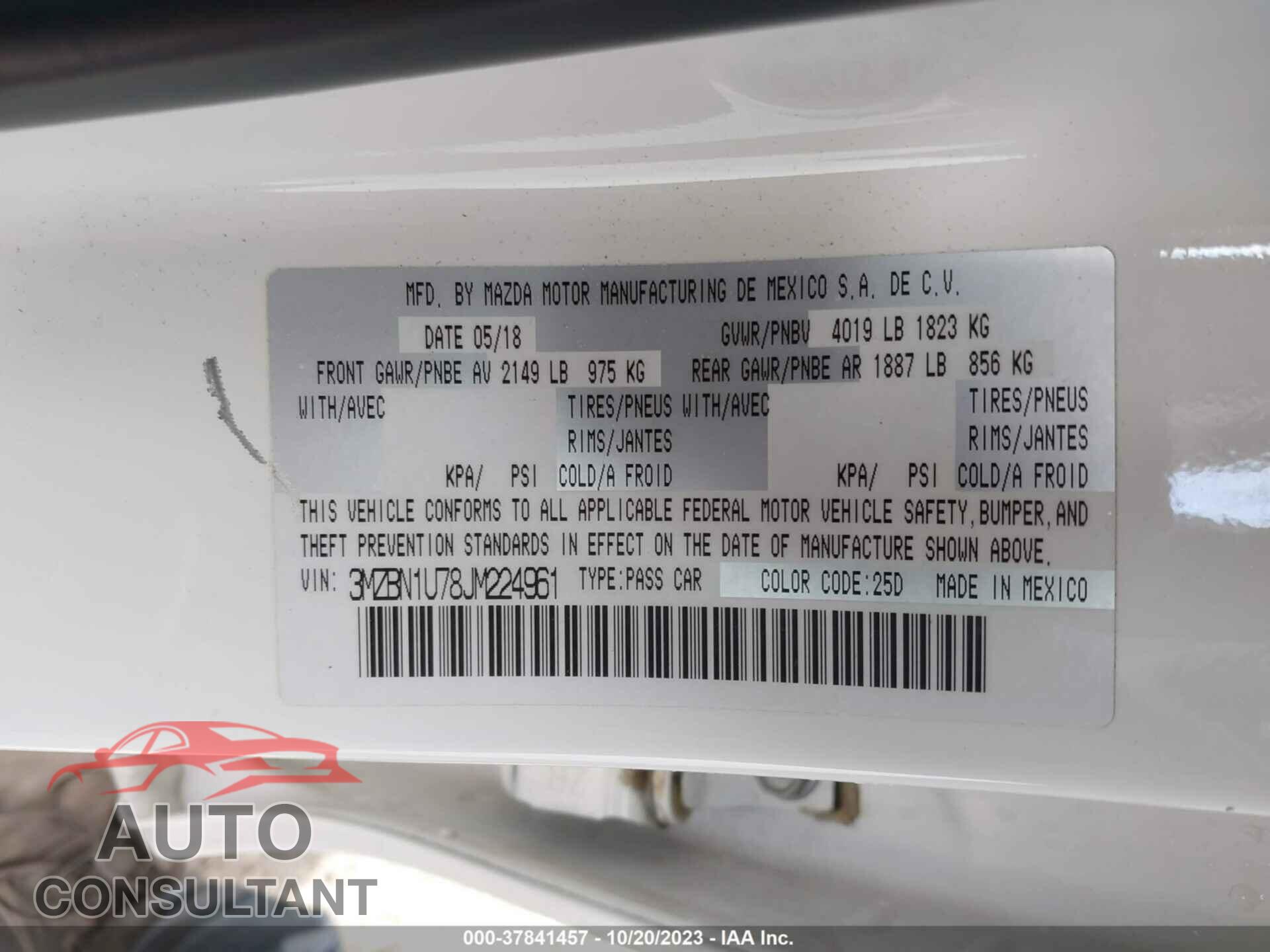 MAZDA MAZDA3 2018 - 3MZBN1U78JM224961
