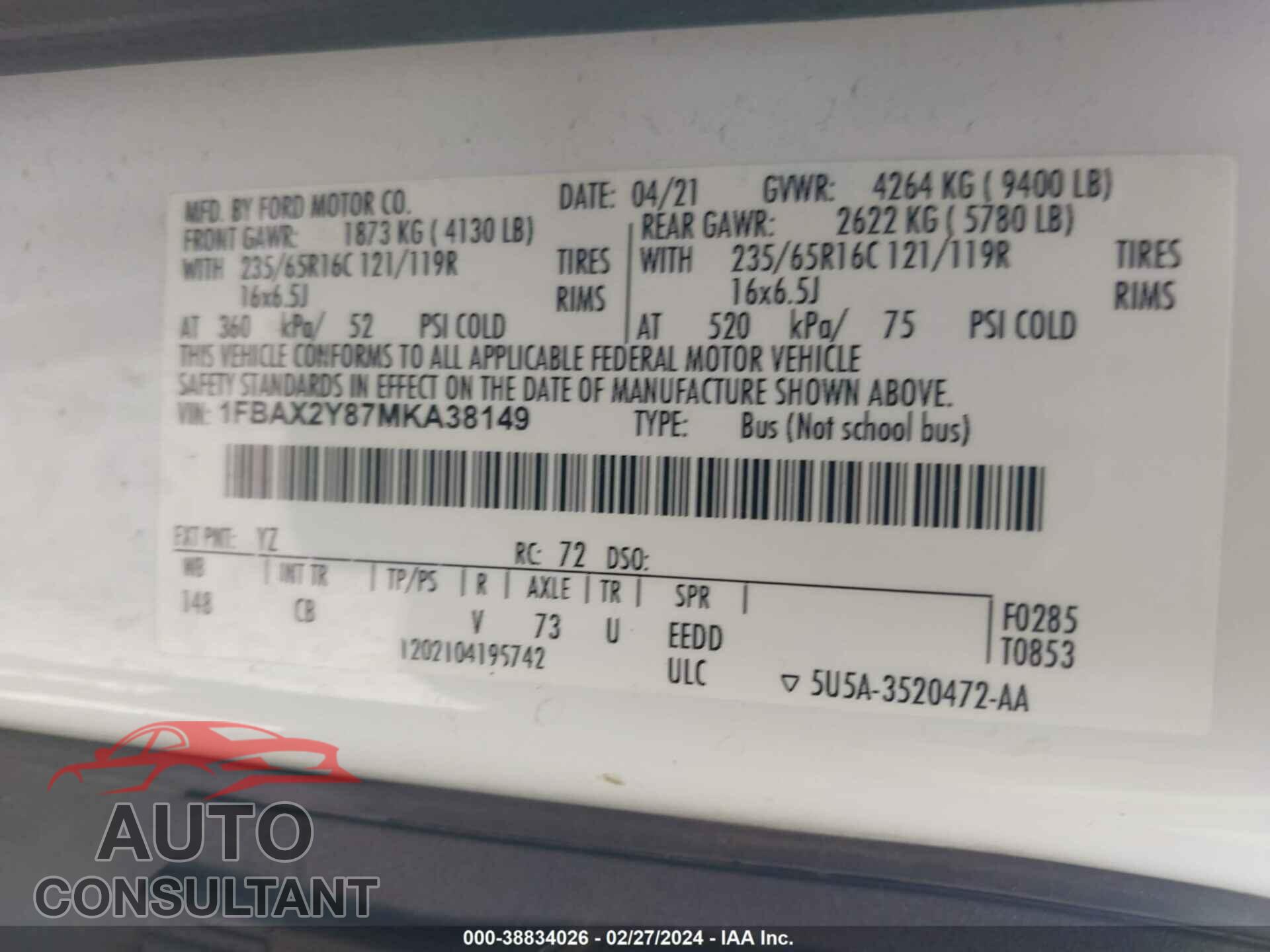 FORD TRANSIT 2021 - 1FBAX2Y87MKA38149