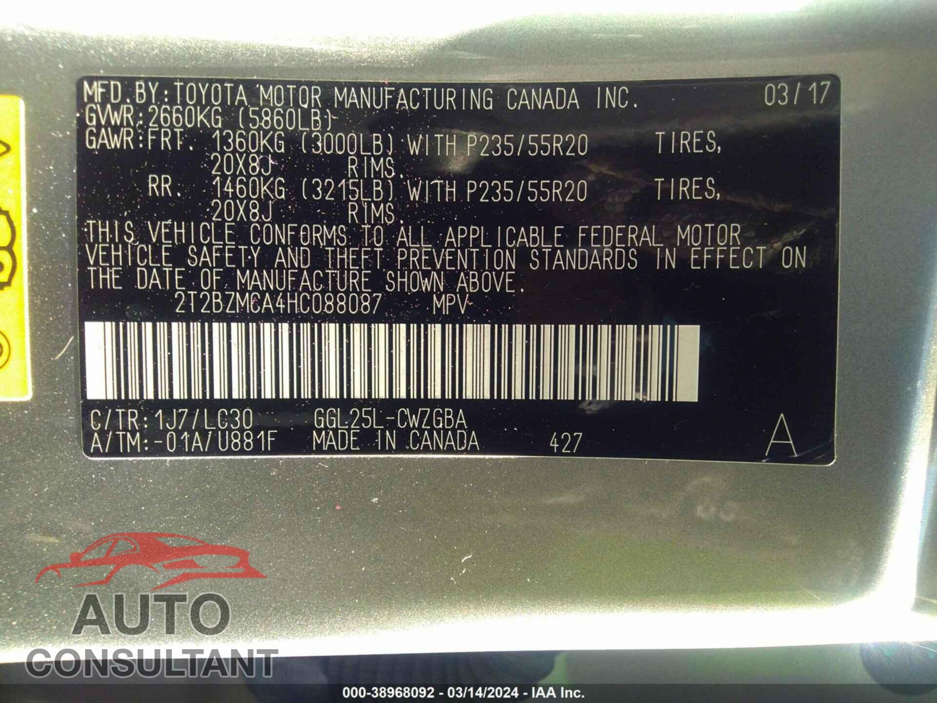 LEXUS RX 350 2017 - 2T2BZMCA4HC088087