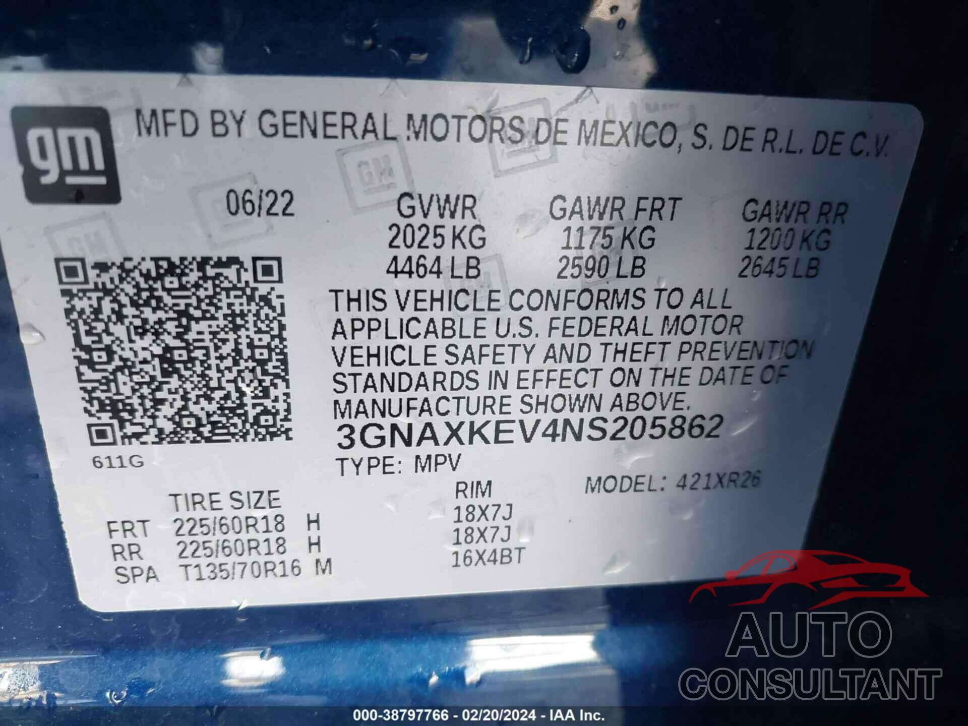 CHEVROLET EQUINOX 2022 - 3GNAXKEV4NS205862