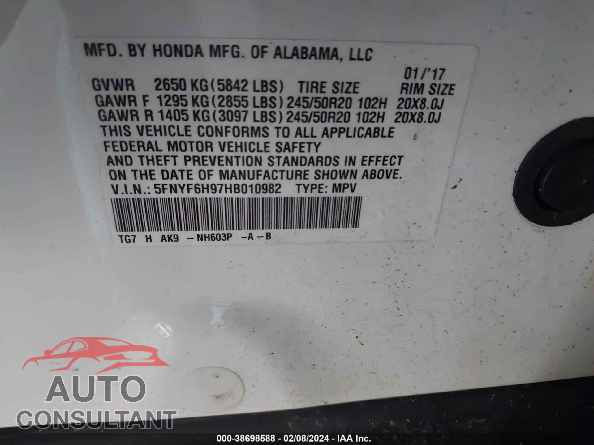 HONDA PILOT 2017 - 5FNYF6H97HB010982