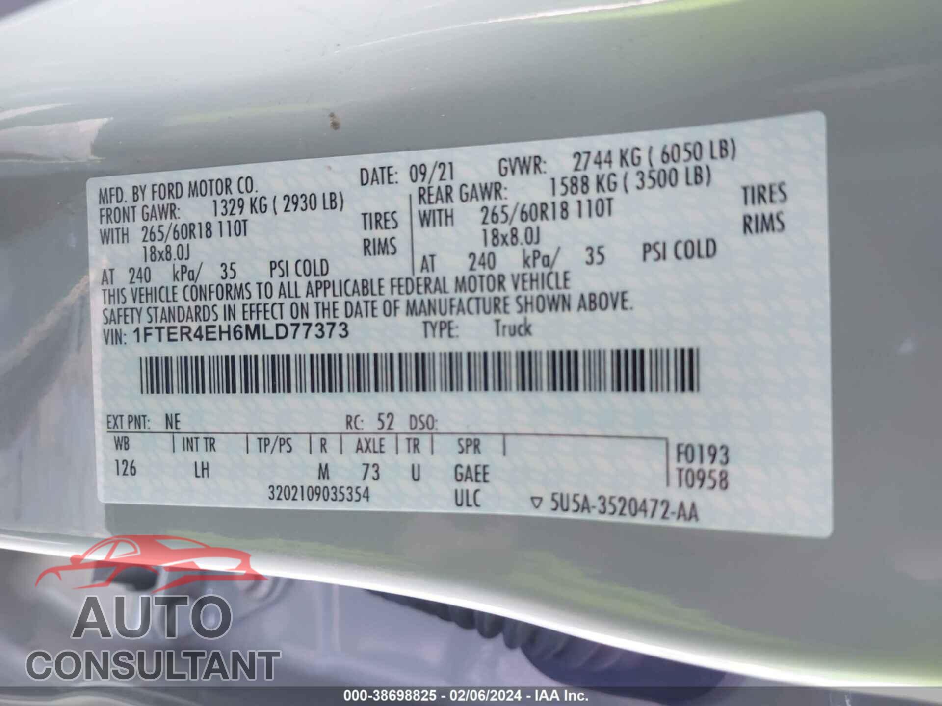 FORD RANGER 2021 - 1FTER4EH6MLD77373