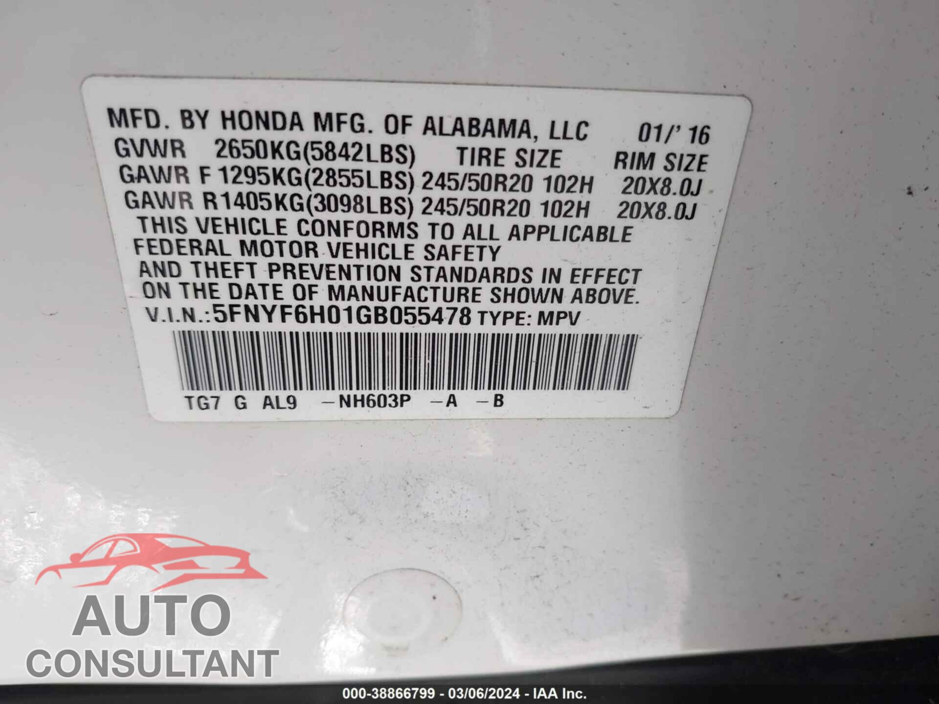 HONDA PILOT 2016 - 5FNYF6H01GB055478