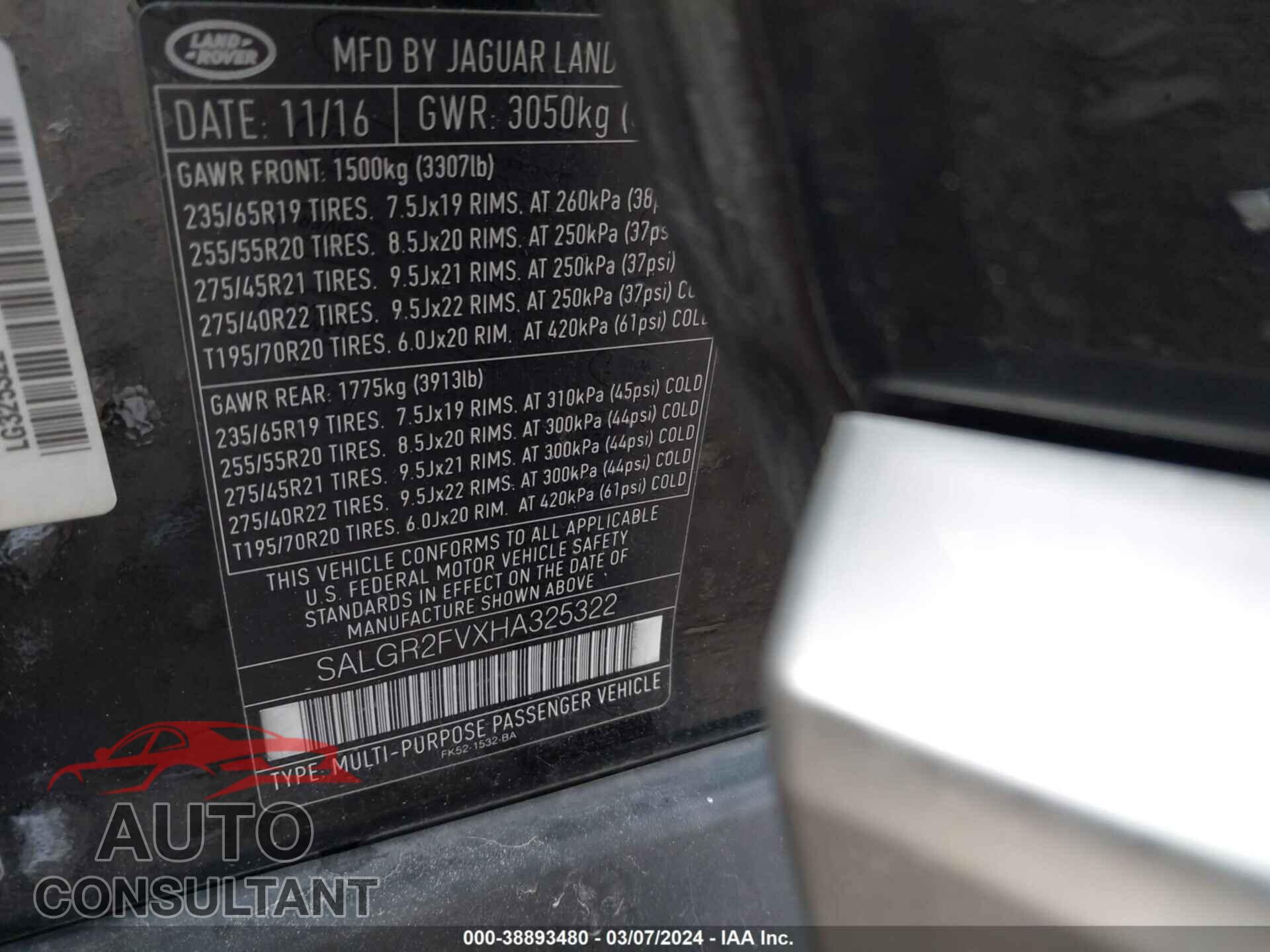 LAND ROVER RANGE ROVER 2017 - SALGR2FVXHA325322