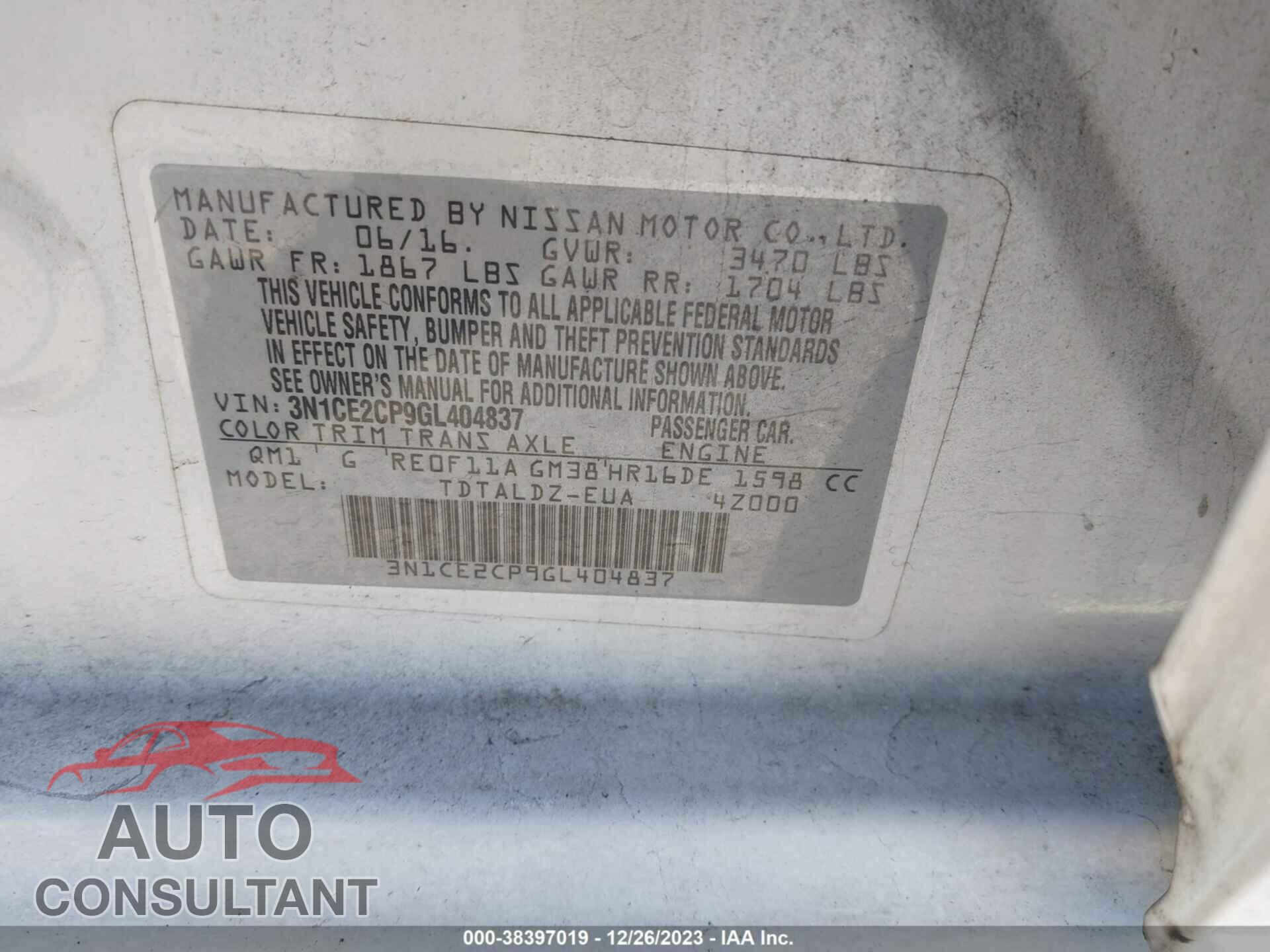 NISSAN VERSA NOTE 2016 - 3N1CE2CP9GL404837