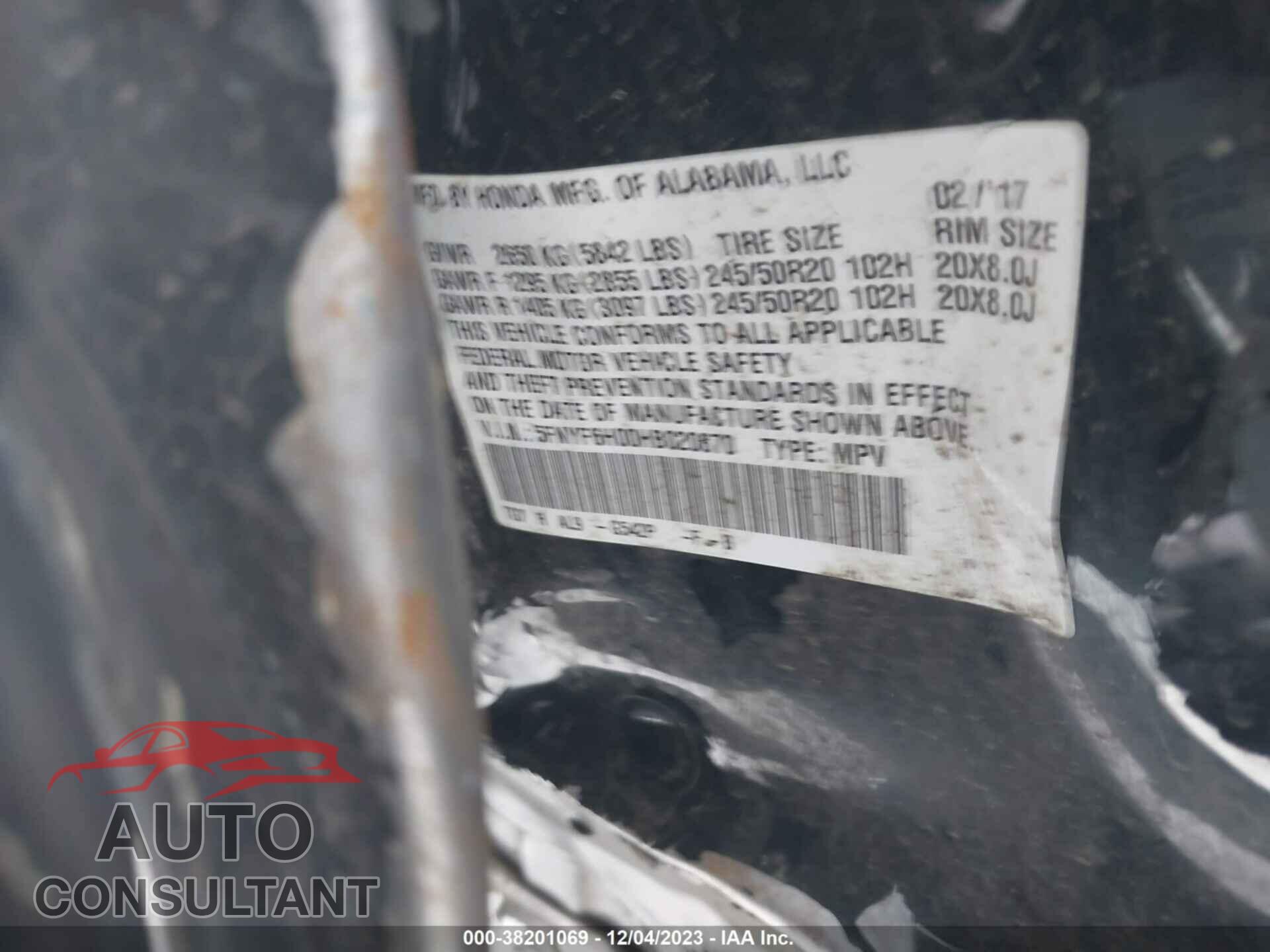 HONDA PILOT 2017 - 5FNYF6H00HB020870