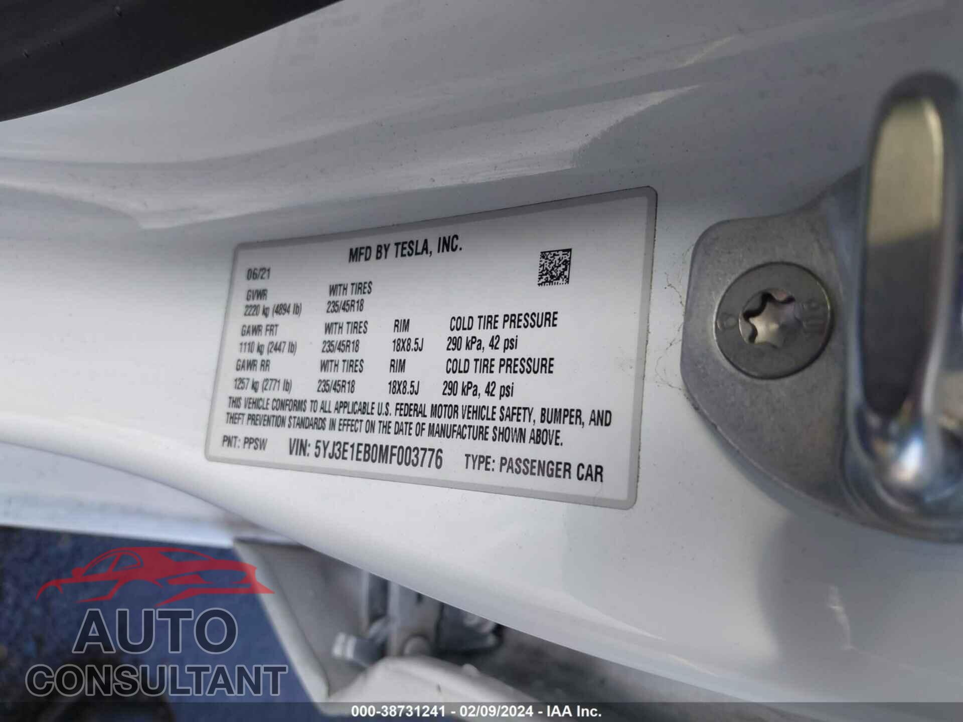 TESLA MODEL 3 2021 - 5YJ3E1EB0MF003776
