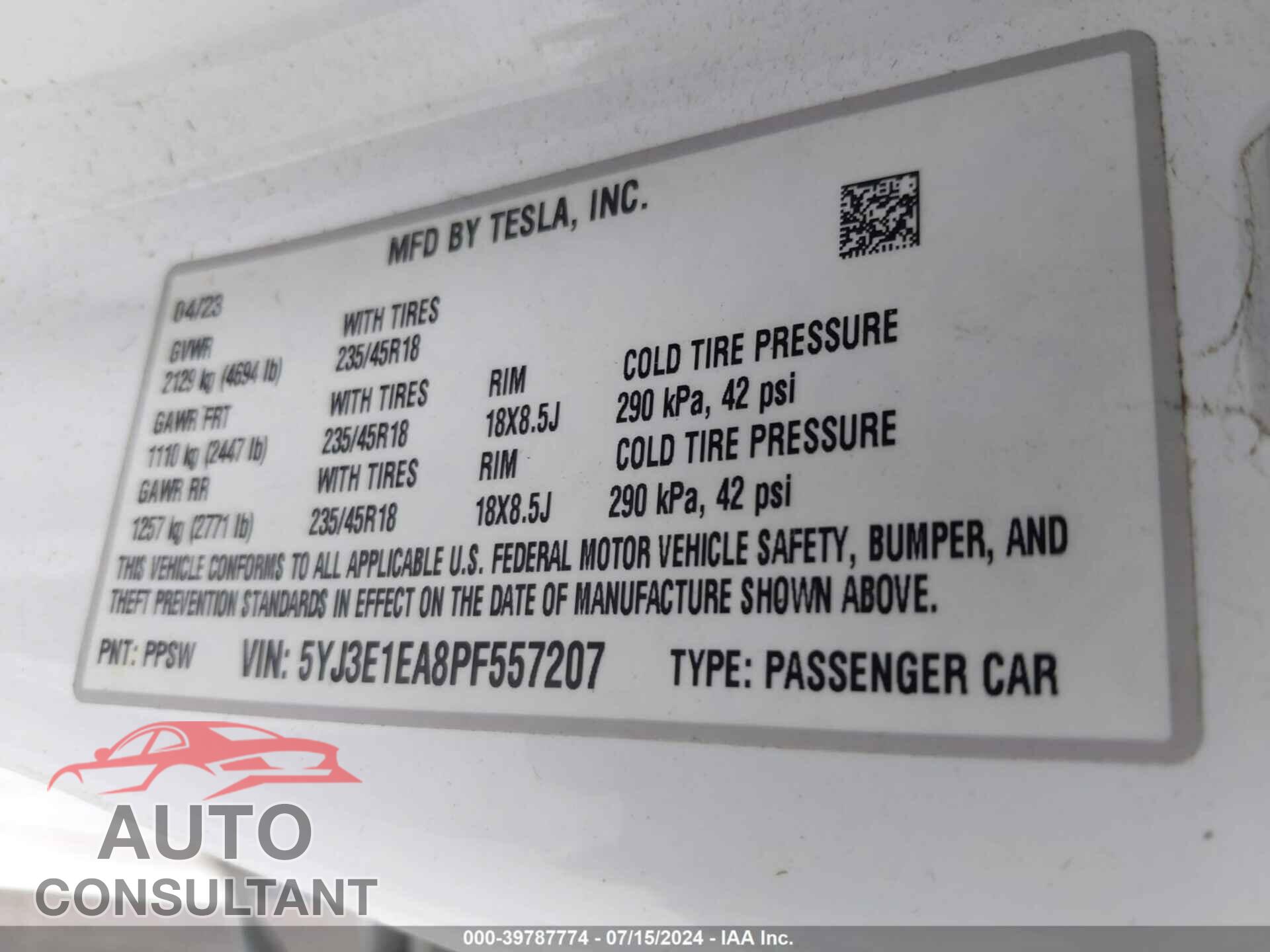 TESLA MODEL 3 2023 - 5YJ3E1EA8PF557207
