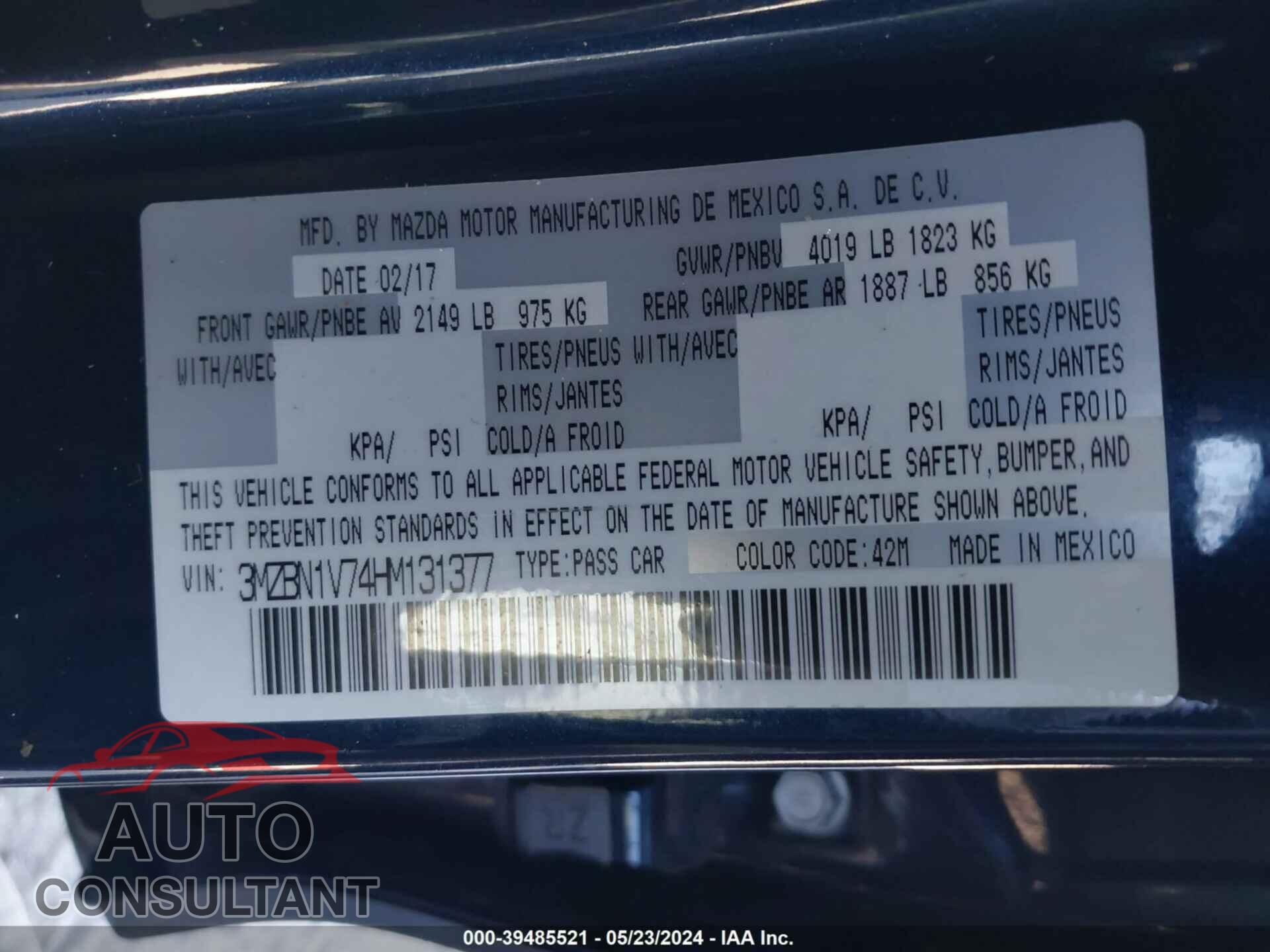 MAZDA 3 2017 - 3MZBN1V74HM131377