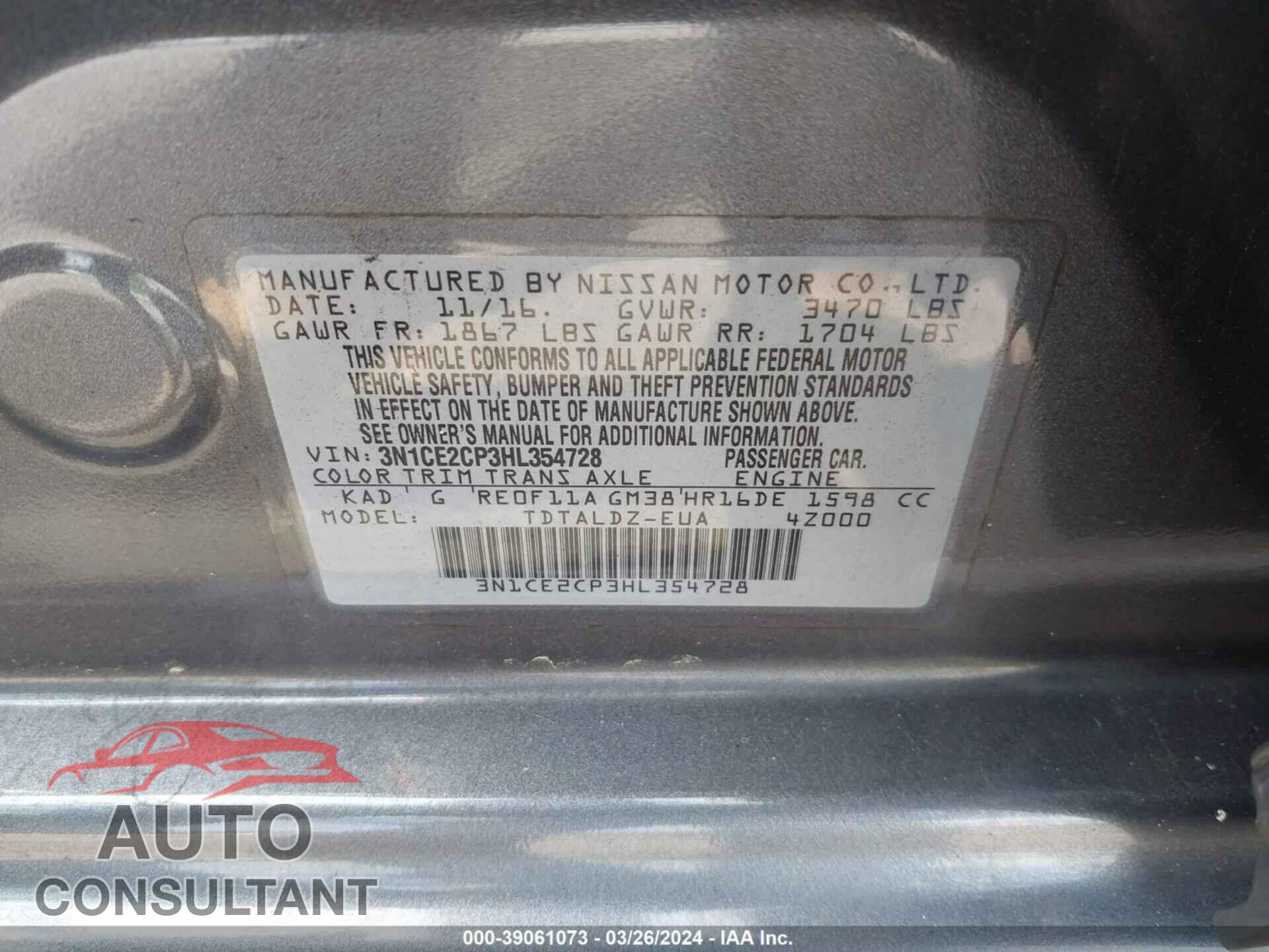 NISSAN VERSA NOTE 2017 - 3N1CE2CP3HL354728