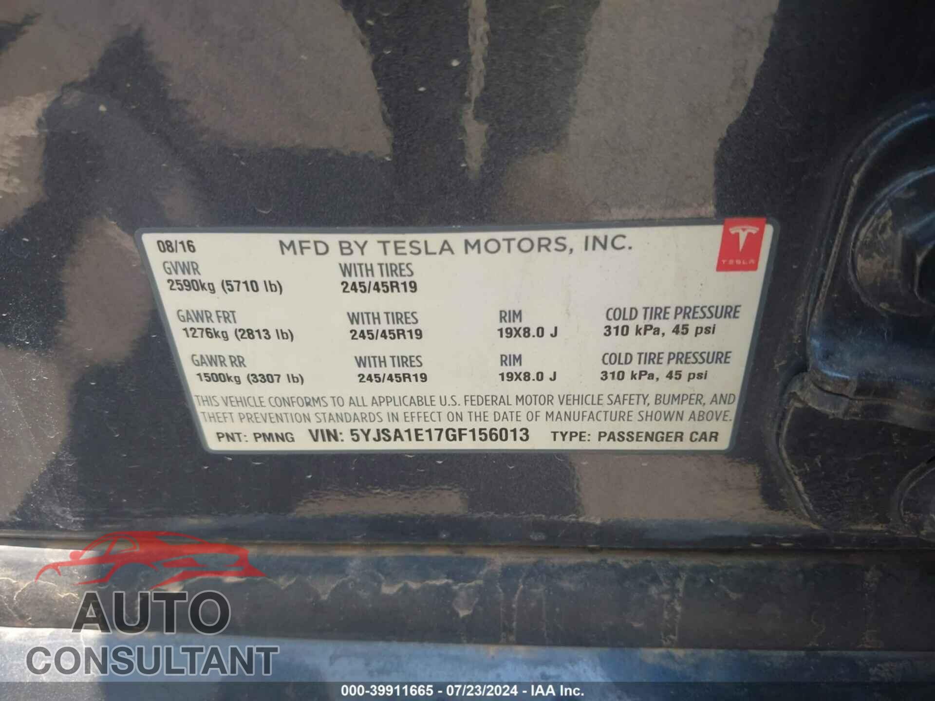 TESLA MODEL S 2016 - 5YJSA1E17GF156013