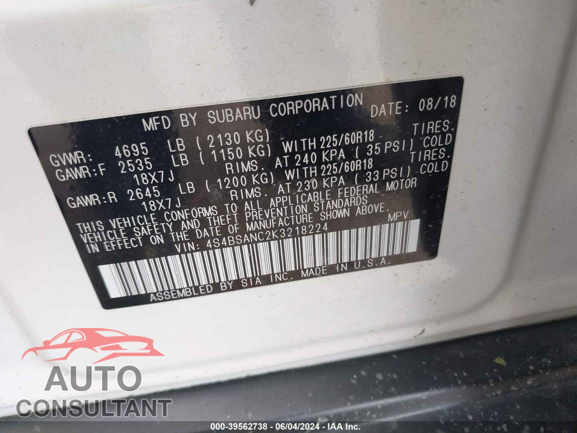 SUBARU OUTBACK 2019 - 4S4BSANC2K3218224