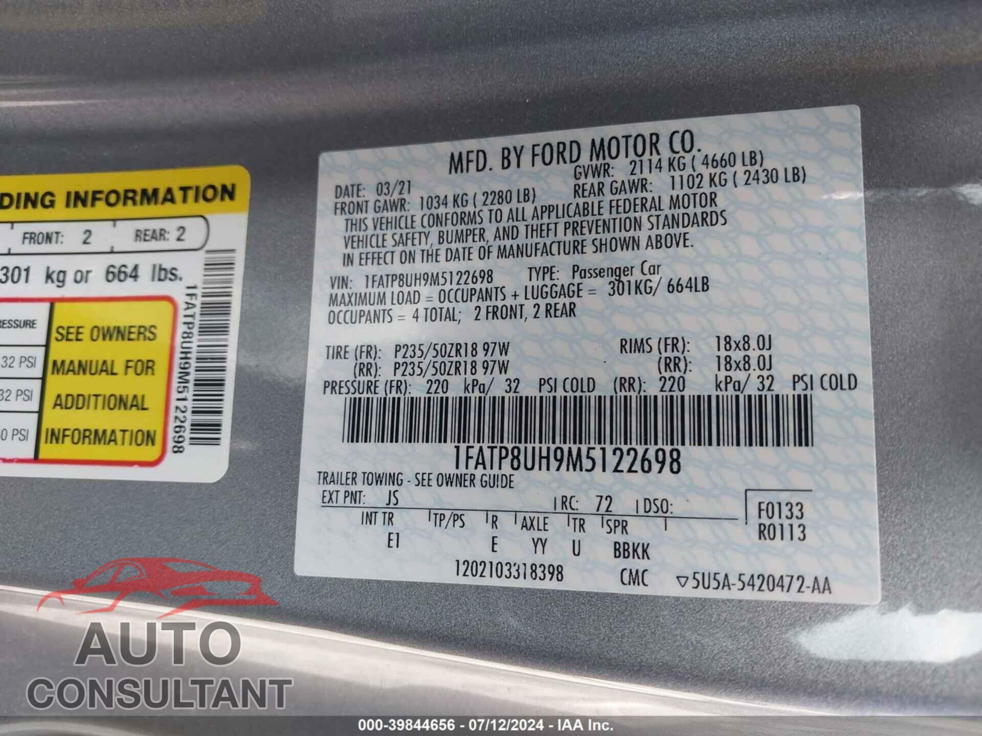 FORD MUSTANG 2021 - 1FATP8UH9M5122698