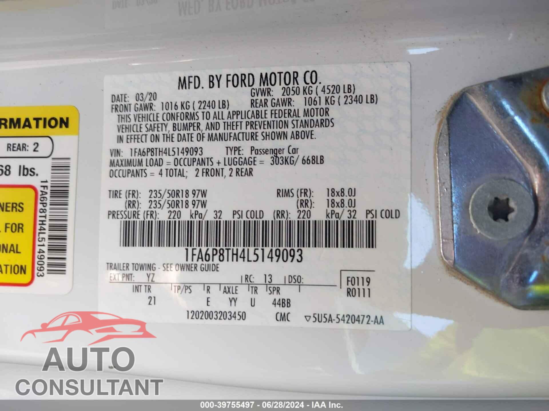 FORD MUSTANG 2020 - 1FA6P8TH4L5149093