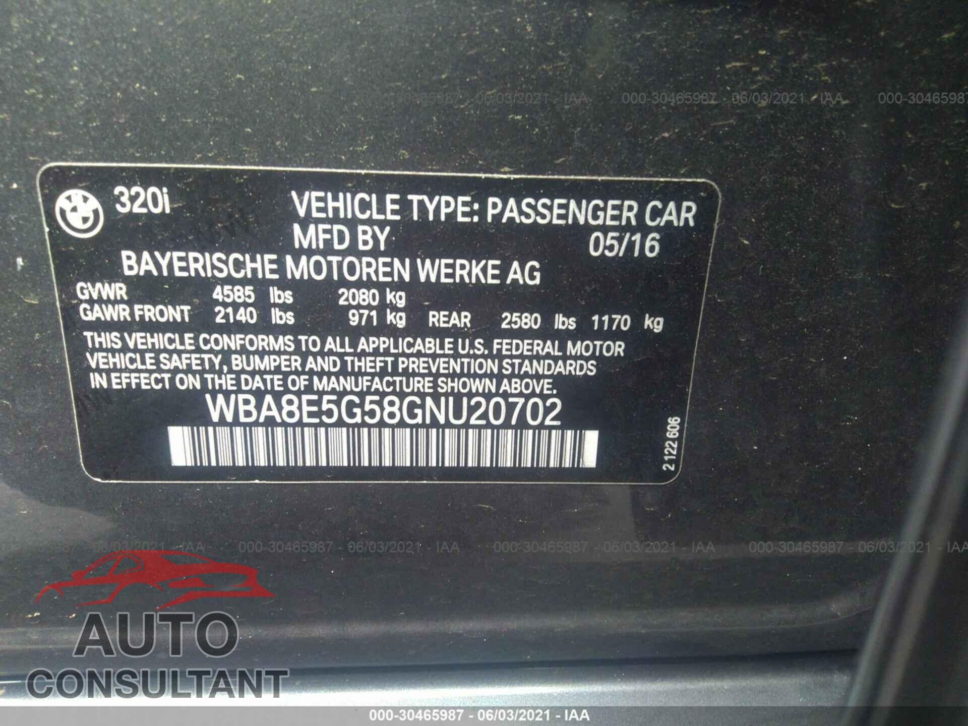 BMW 3 SERIES 2016 - WBA8E5G58GNU20702