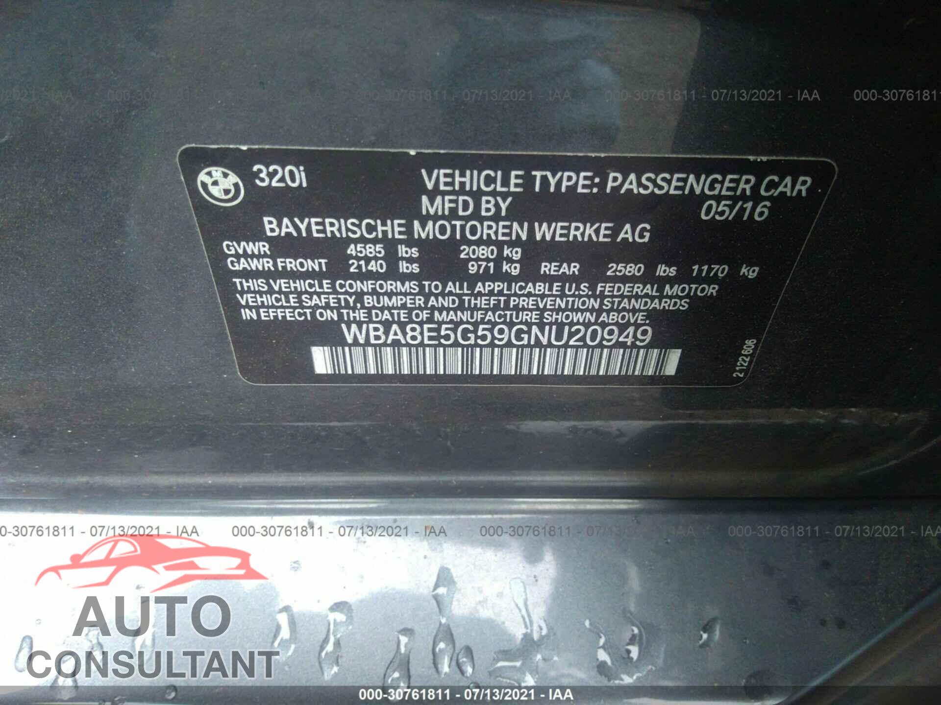 BMW 3 SERIES 2016 - WBA8E5G59GNU20949