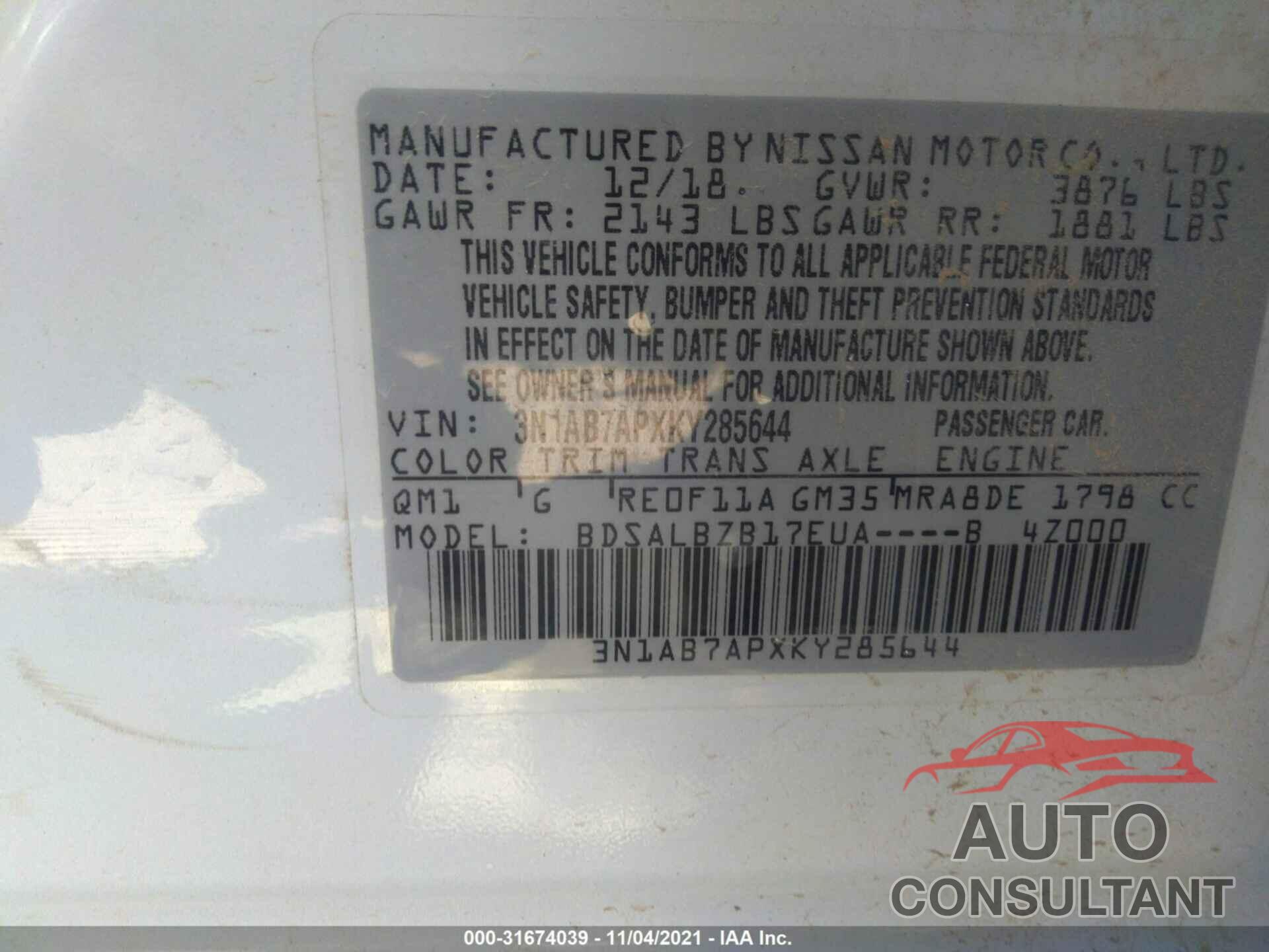 NISSAN SENTRA 2019 - 3N1AB7APXKY285644