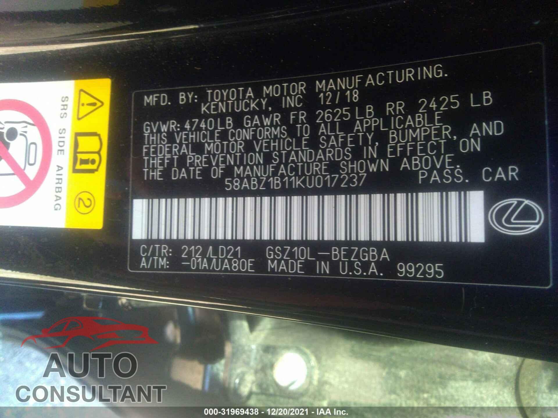 LEXUS ES 2019 - 58ABZ1B11KU017237