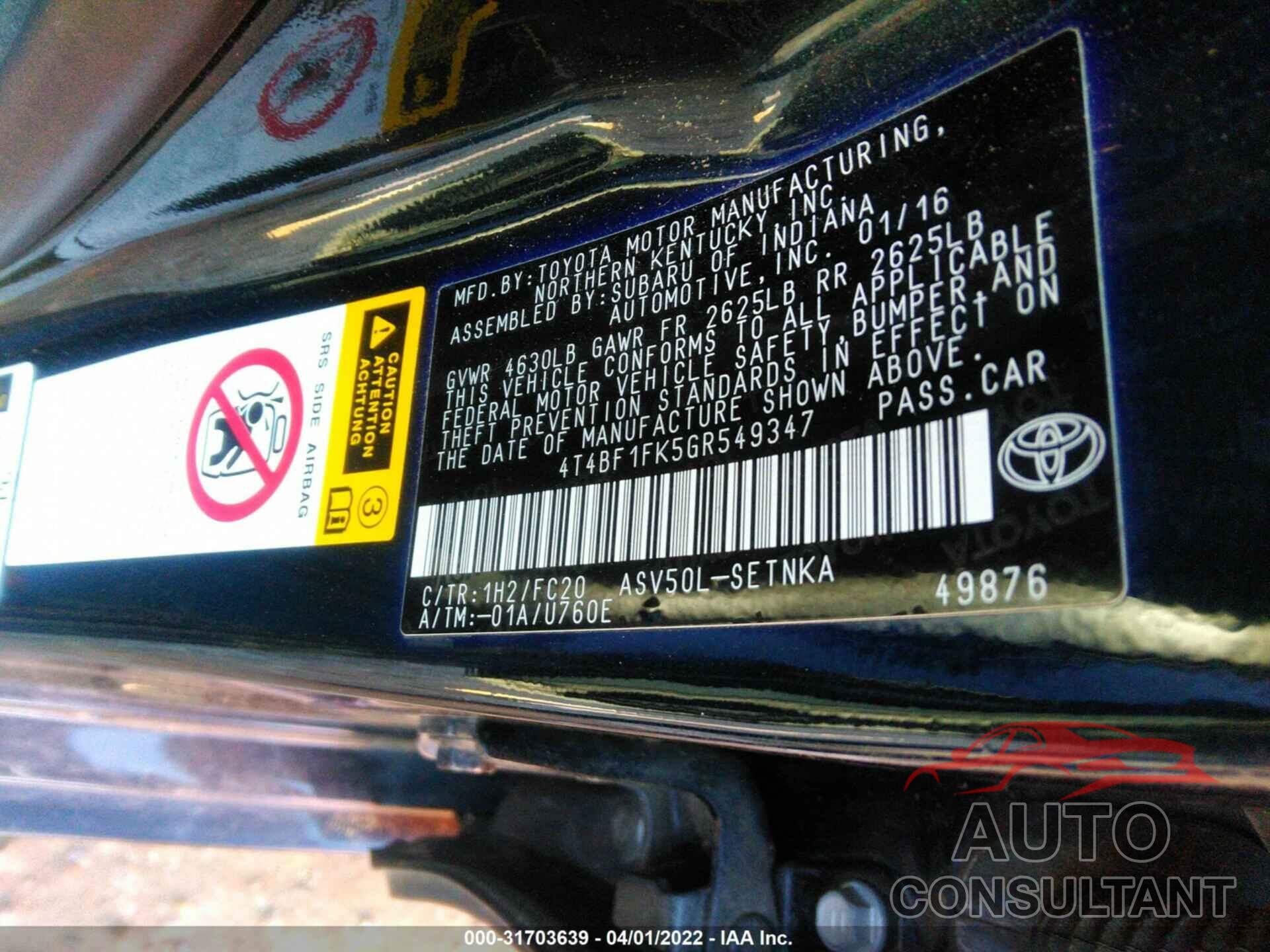 TOYOTA CAMRY 2016 - 4T4BF1FK5GR549347