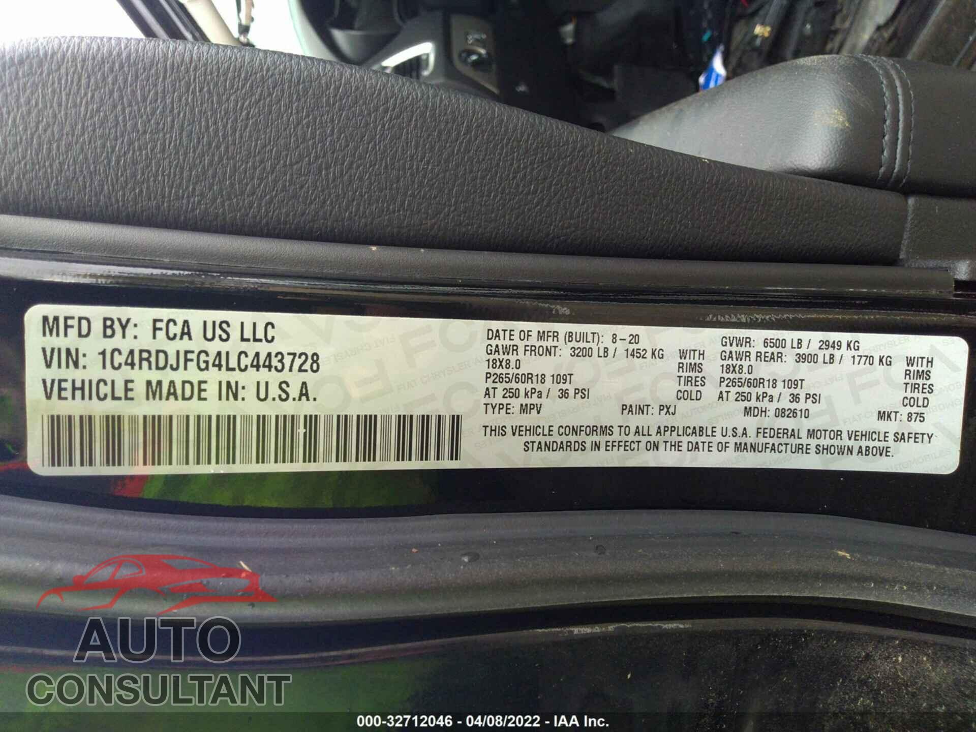 DODGE DURANGO 2020 - 1C4RDJFG4LC443728