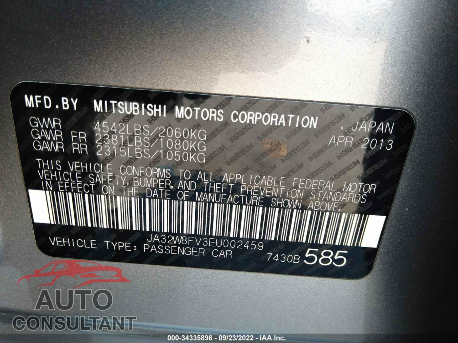 MITSUBISHI LANCER EVOLUTION 2014 - JA32W8FV3EU002459