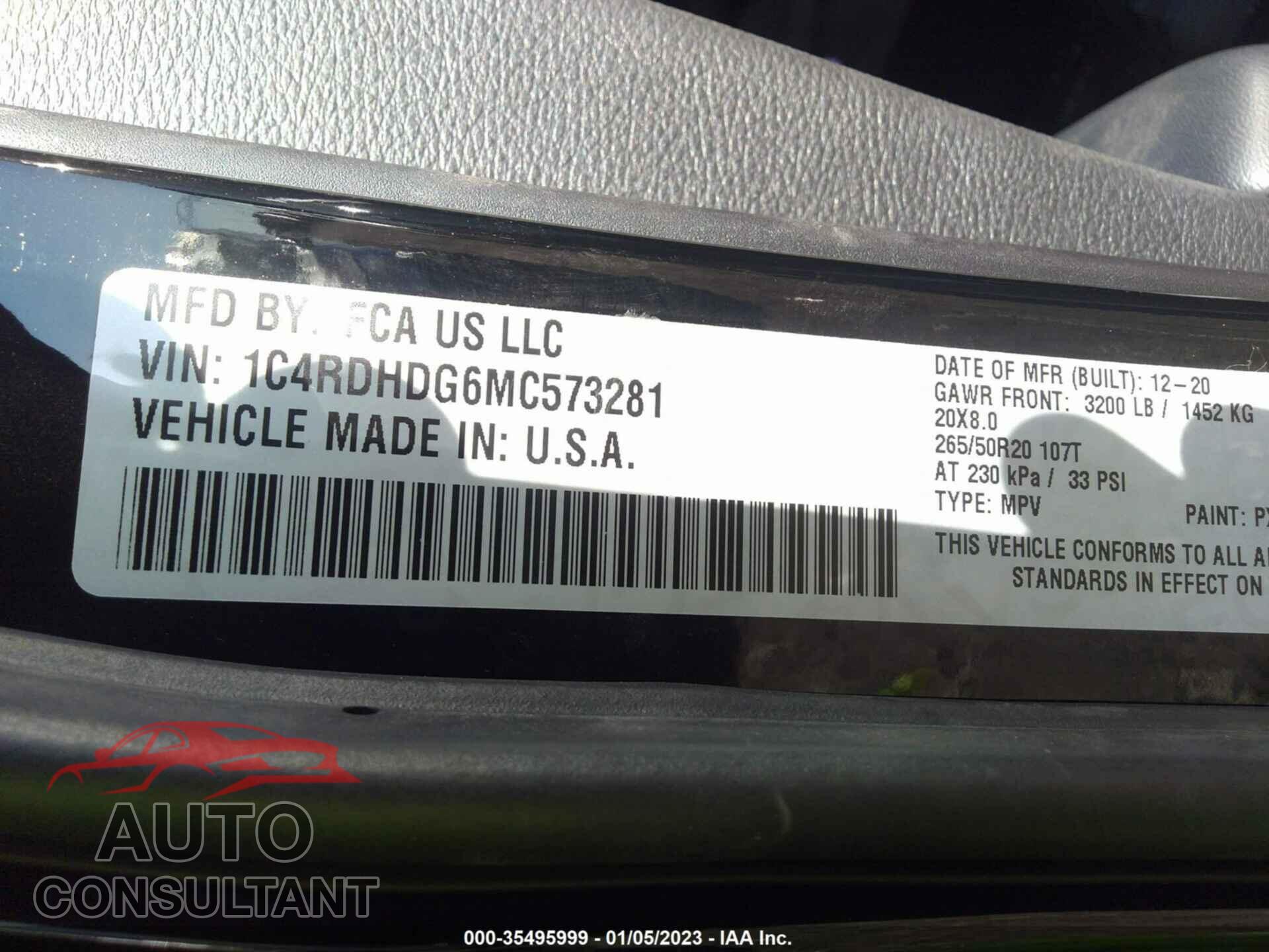 DODGE DURANGO 2021 - 1C4RDHDG6MC573281