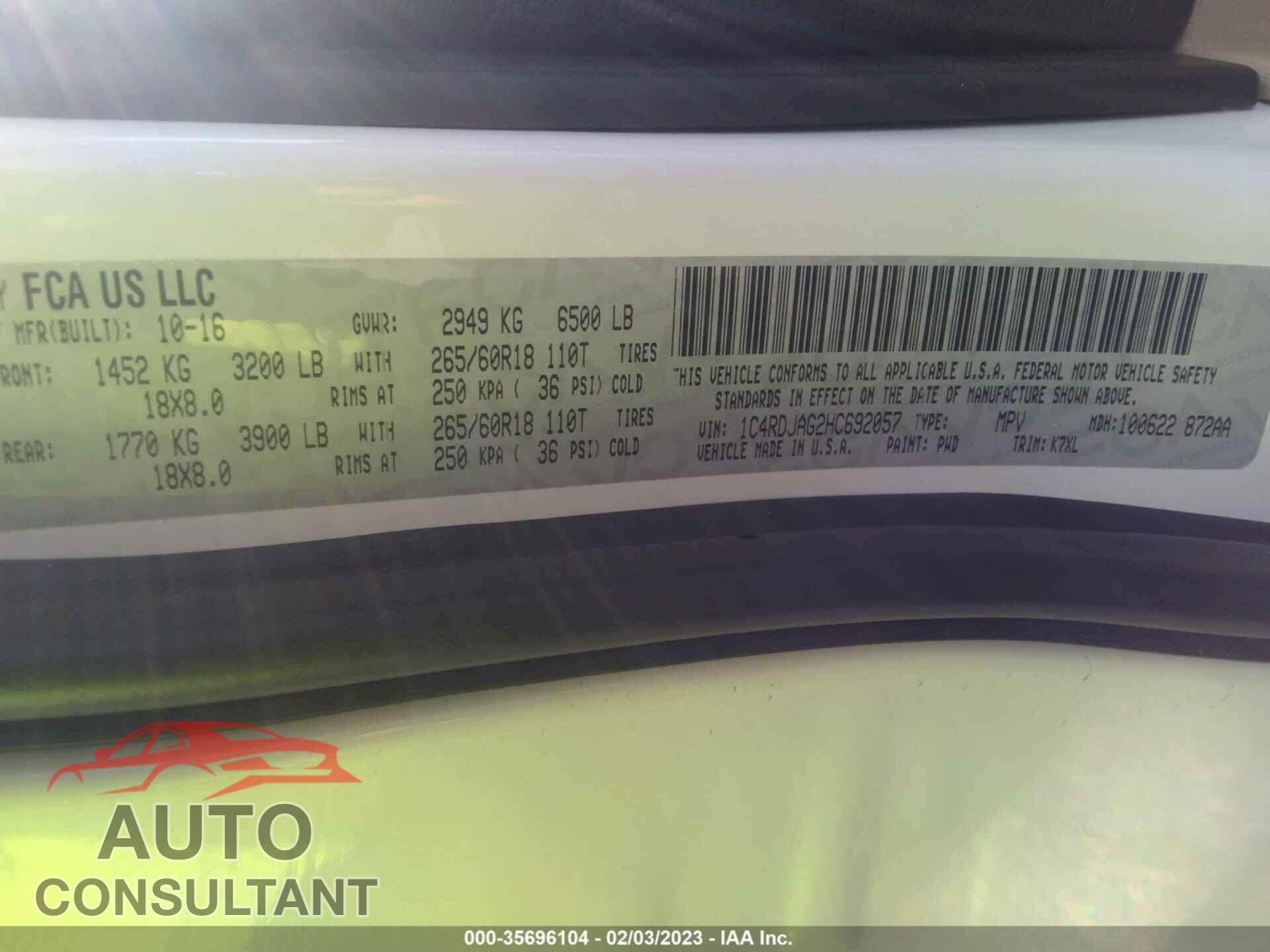 DODGE DURANGO 2017 - 1C4RDJAG2HC692057