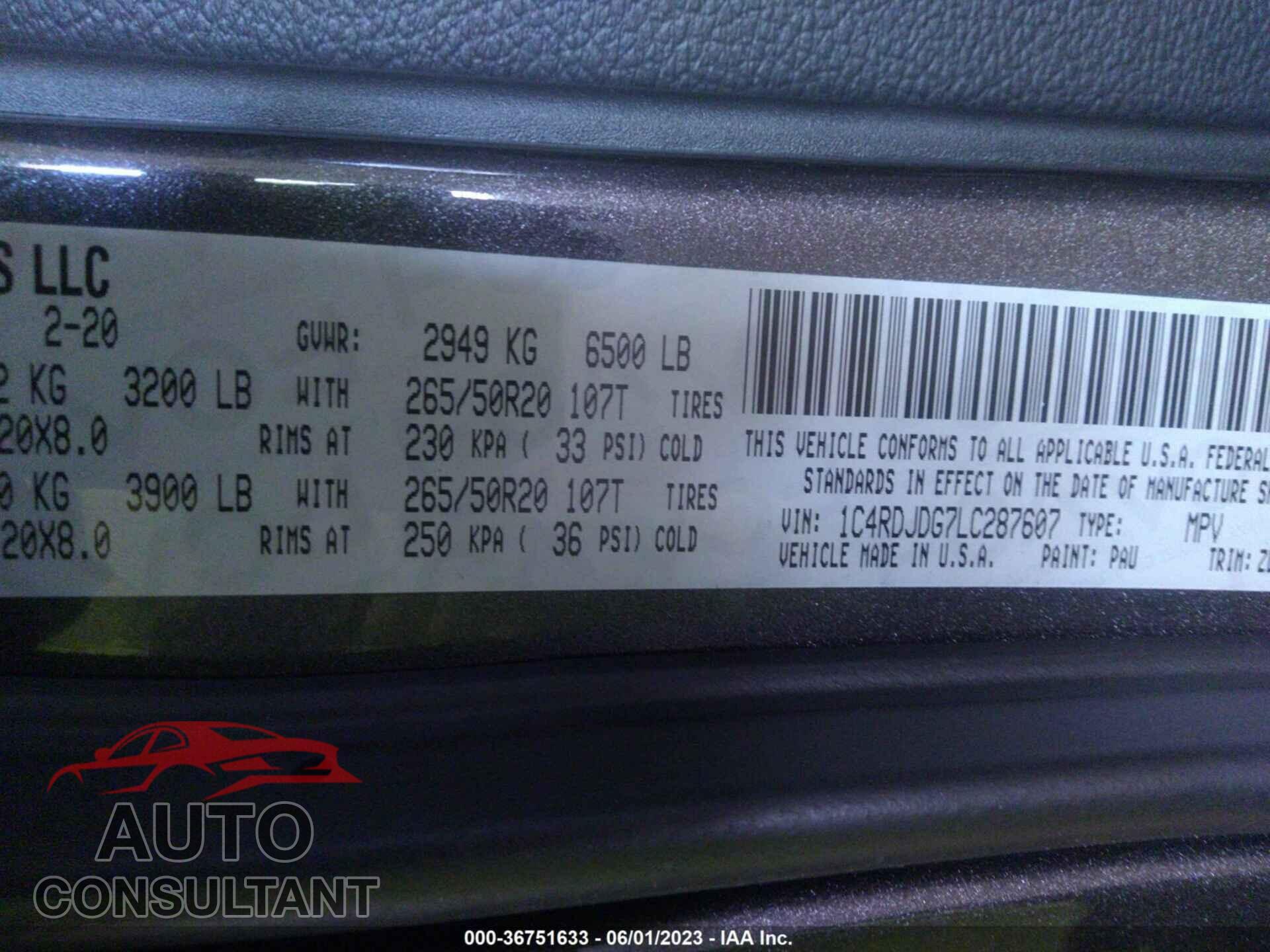 DODGE DURANGO 2020 - 1C4RDJDG7LC287607