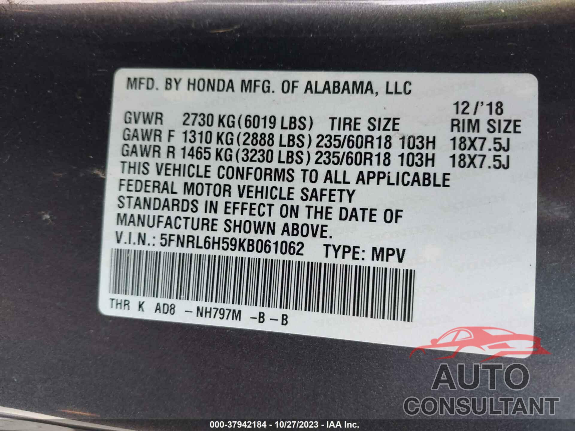 HONDA ODYSSEY 2019 - 5FNRL6H59KB061062