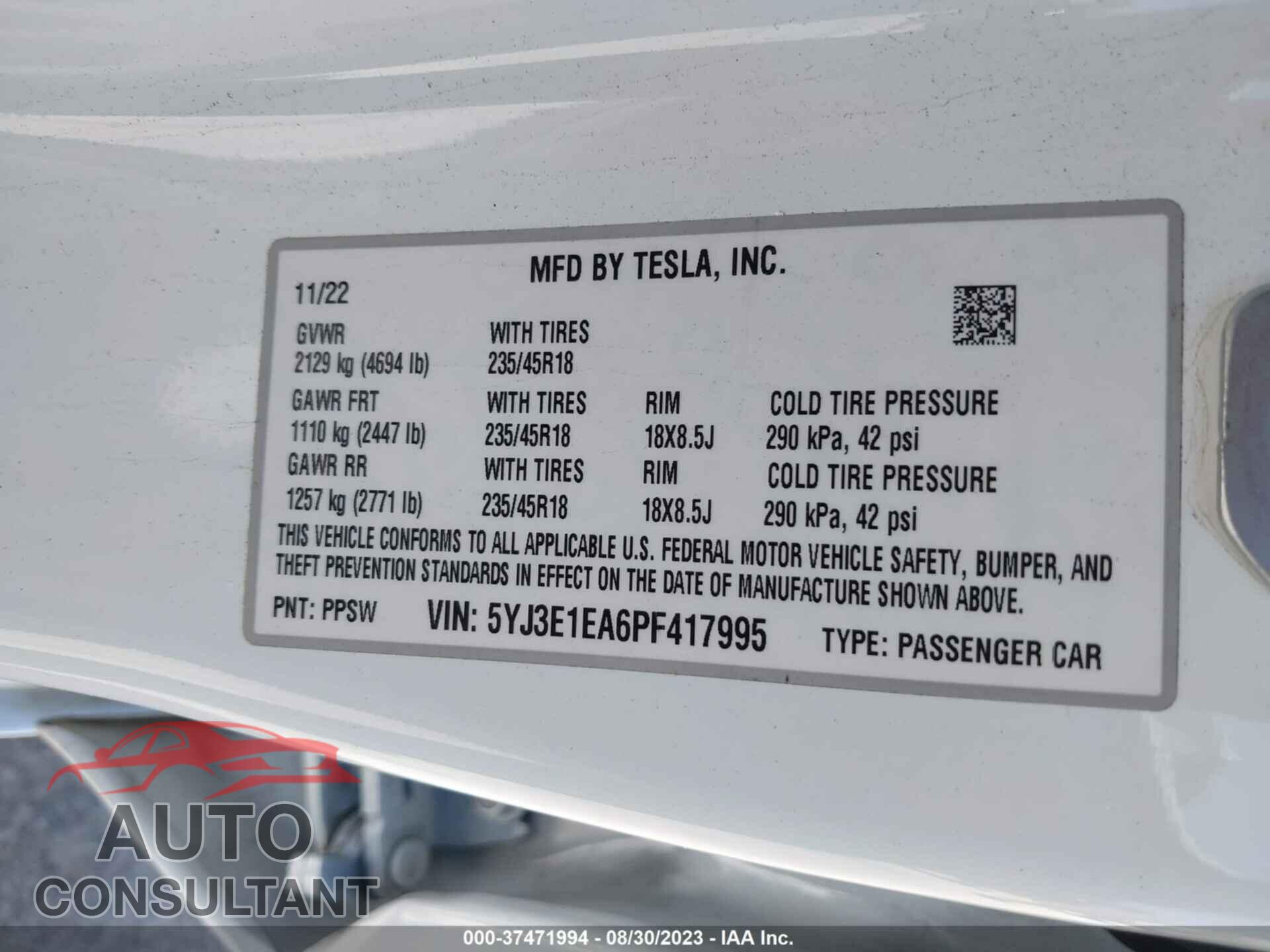 TESLA MODEL 3 2023 - 5YJ3E1EA6PF417995