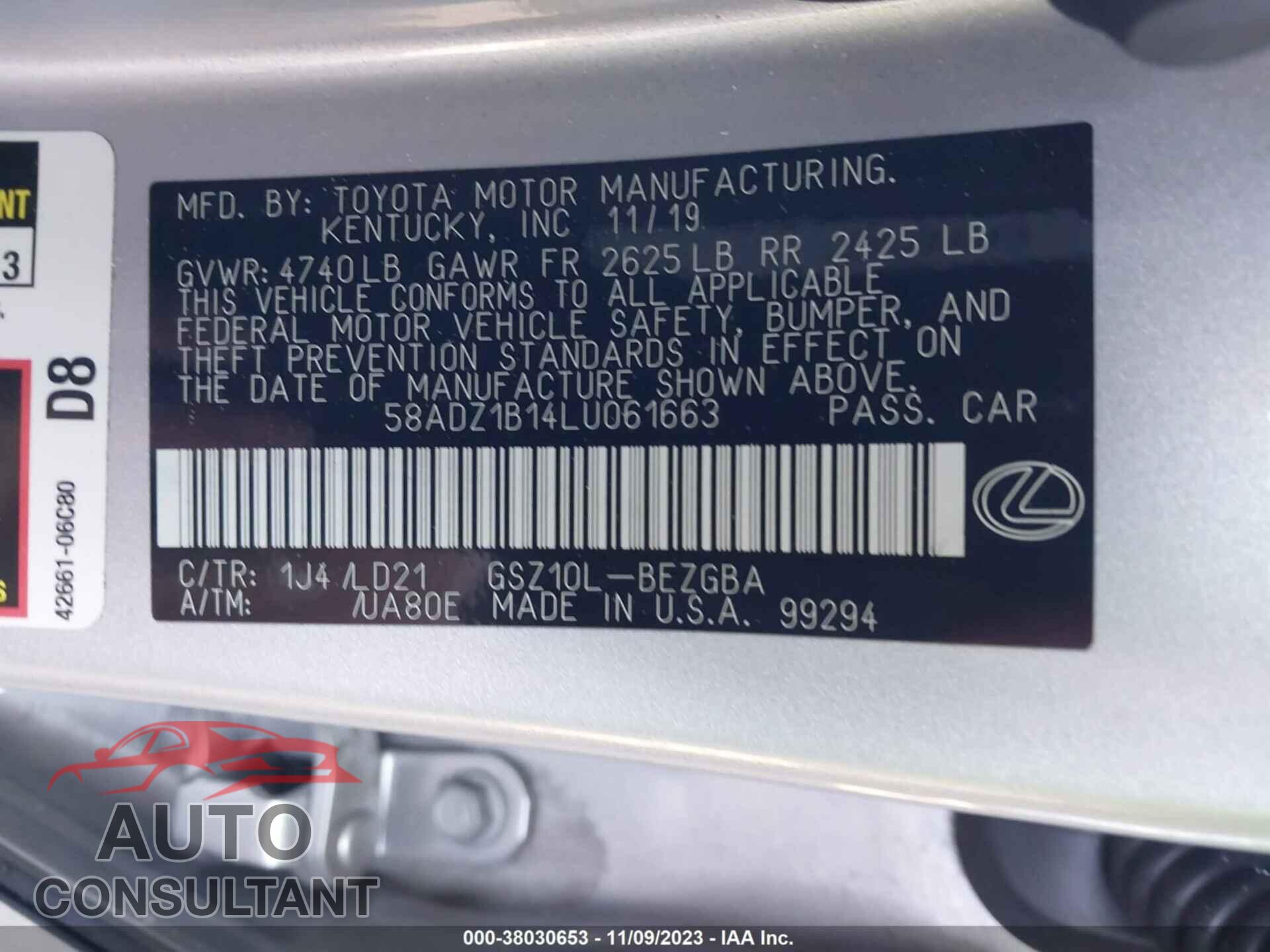 LEXUS ES 350 2020 - 58ADZ1B14LU061663