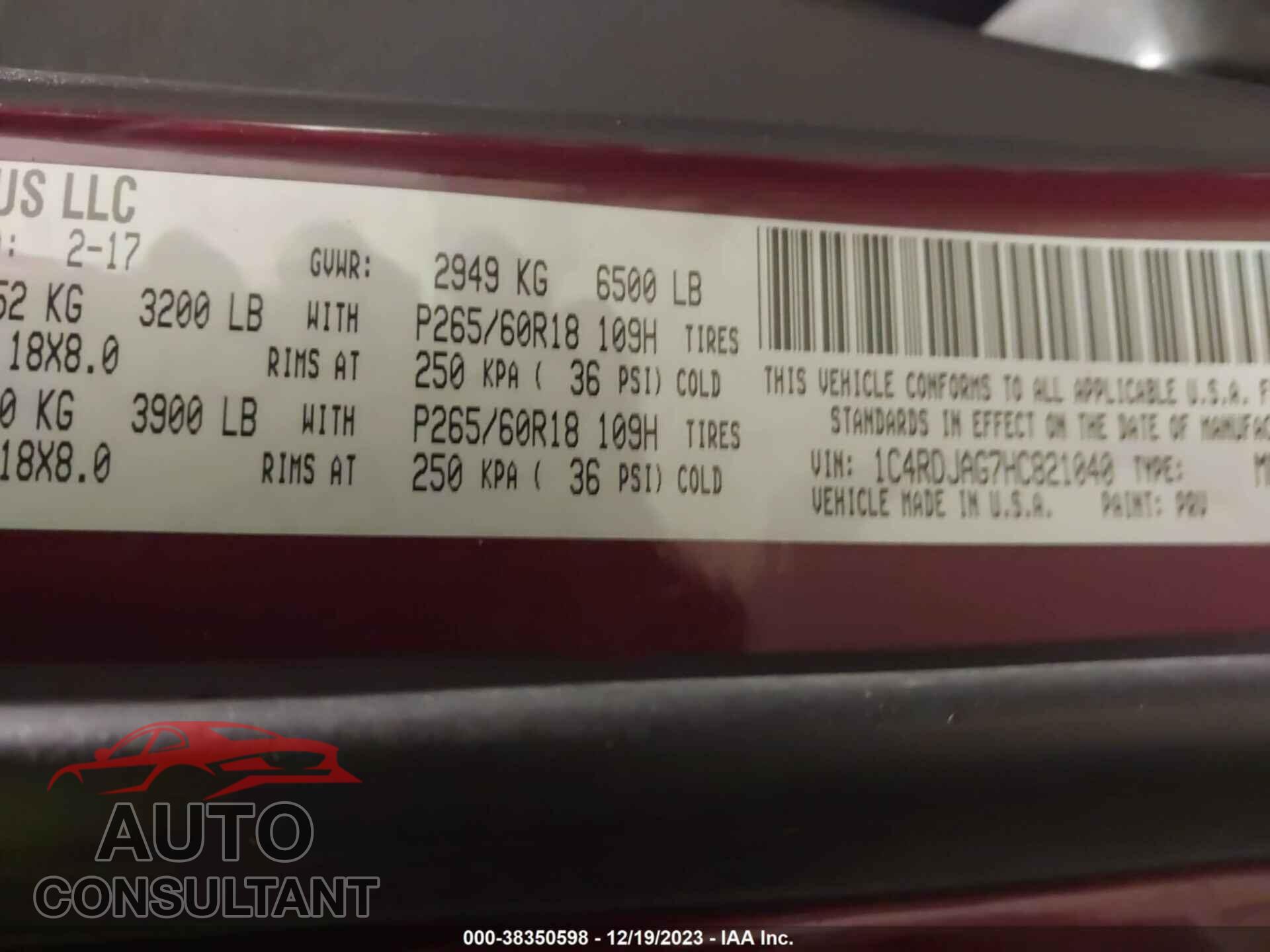DODGE DURANGO 2017 - 1C4RDJAG7HC821040