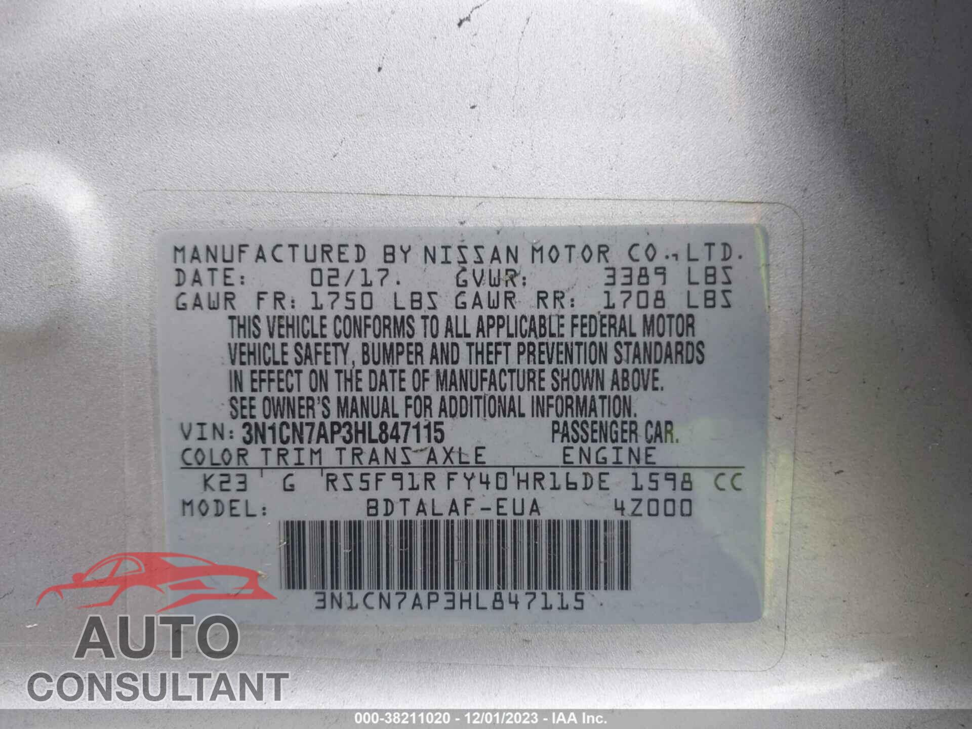 NISSAN VERSA 2017 - 3N1CN7AP3HL847115